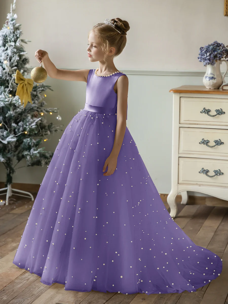 Crew Neck Tulle Flower Girl Dresses with Pearls & Satin Bowknot - Image 66