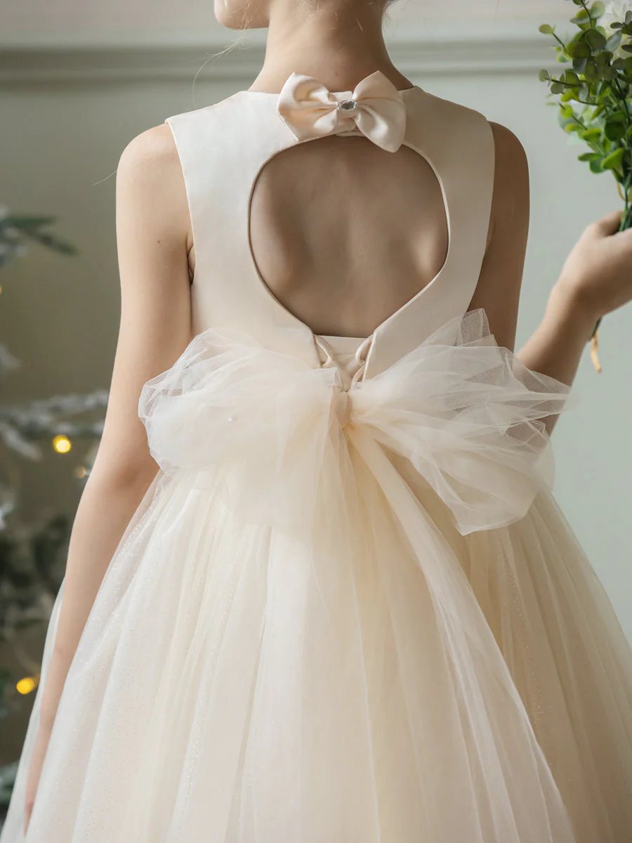 Crew Neck Tulle Flower Girl Dresses with Rhinestones & Bowknot - Image 7