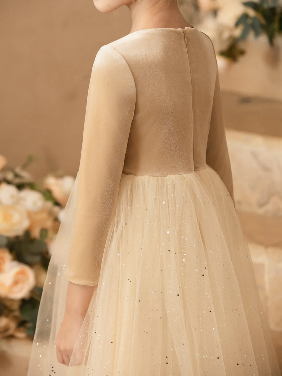 Crew Neck Tulle Velvet Long Sleeves Flower Girl Dresses - Image 7