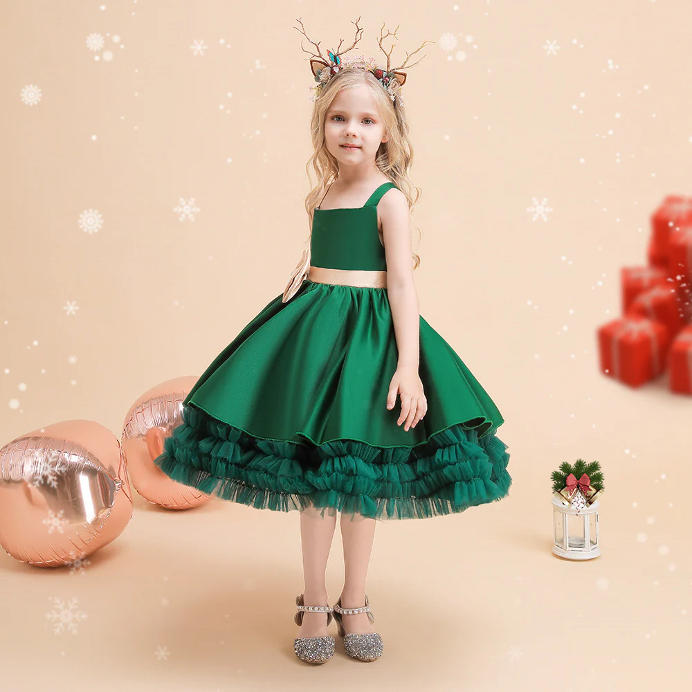 Cute Tiered Ball Gown Straps Satin Christmas Dresses for Girls - Image 2