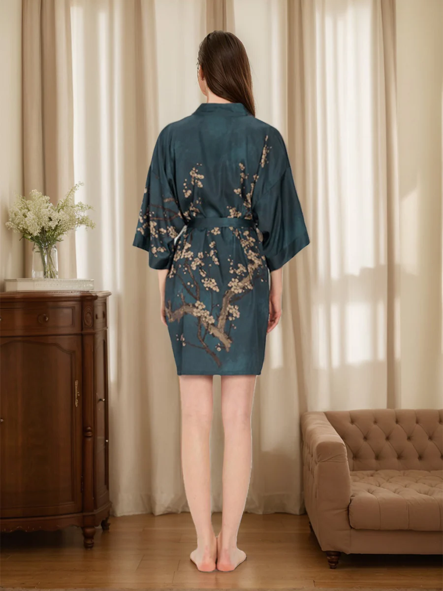 Dark Blue Hand Painted Plum Flower Short/Mini Women's Robes - Image 2