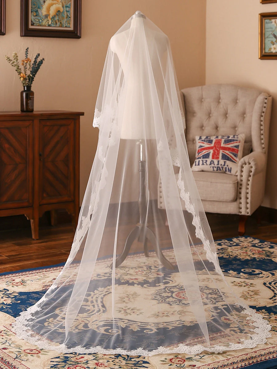 Elegant Tulle One-Tier Chapel Long Bridal Veils With Applique - Image 2