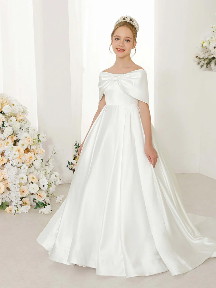 Empire Satin Short Sleeves Off-the-shoulder Floor-Length Flower Girl Dresses - Image 6