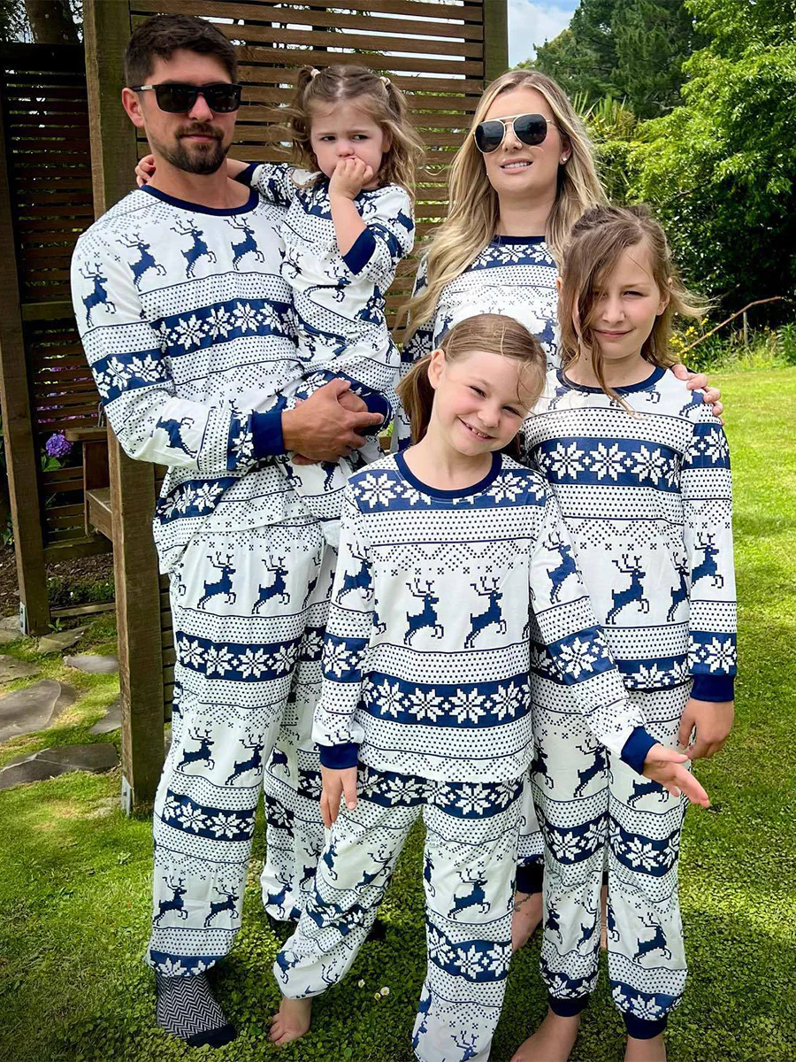 Family Cotton Crew Neck Christmas Pajama Set in White with Blue Print - Image 3
