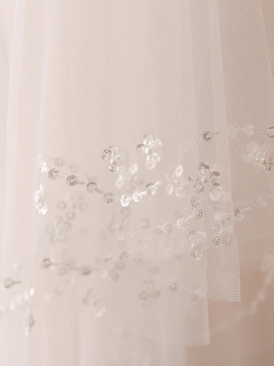 Fancy 2 Layer Tulle With Beading Sequin Wedding Veils - Image 3