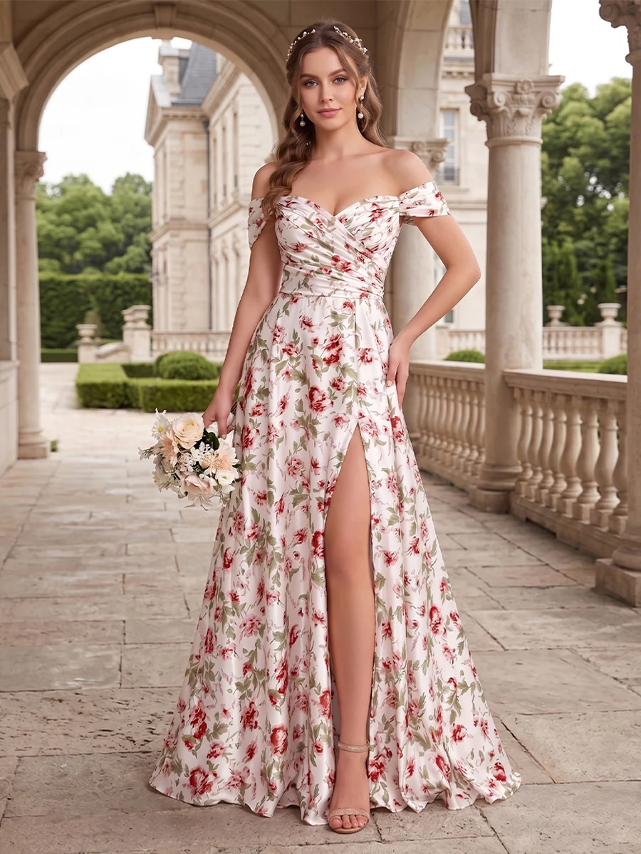 Floor-Length Off-the-Shoulder Long Floral Dresses with Split Side & Ruched