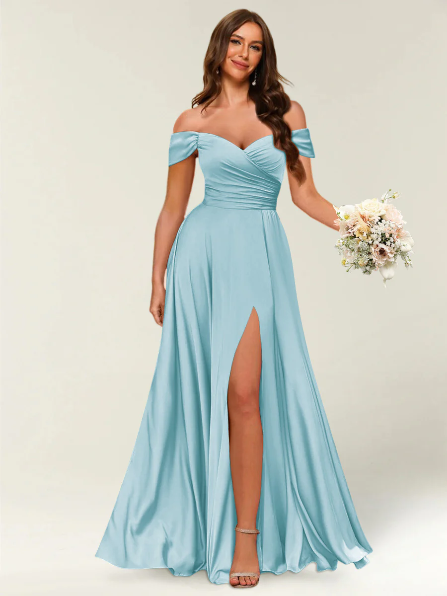 Floor-Length Off-the-Shoulder Long Formal Dresses with Split Side & Ruched - Image 28