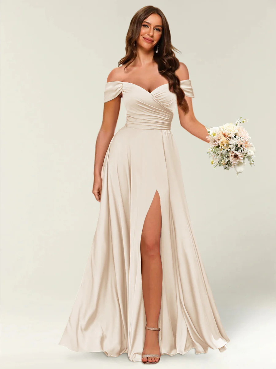 Floor-Length Off-the-Shoulder Long Formal Dresses with Split Side & Ruched - Image 30