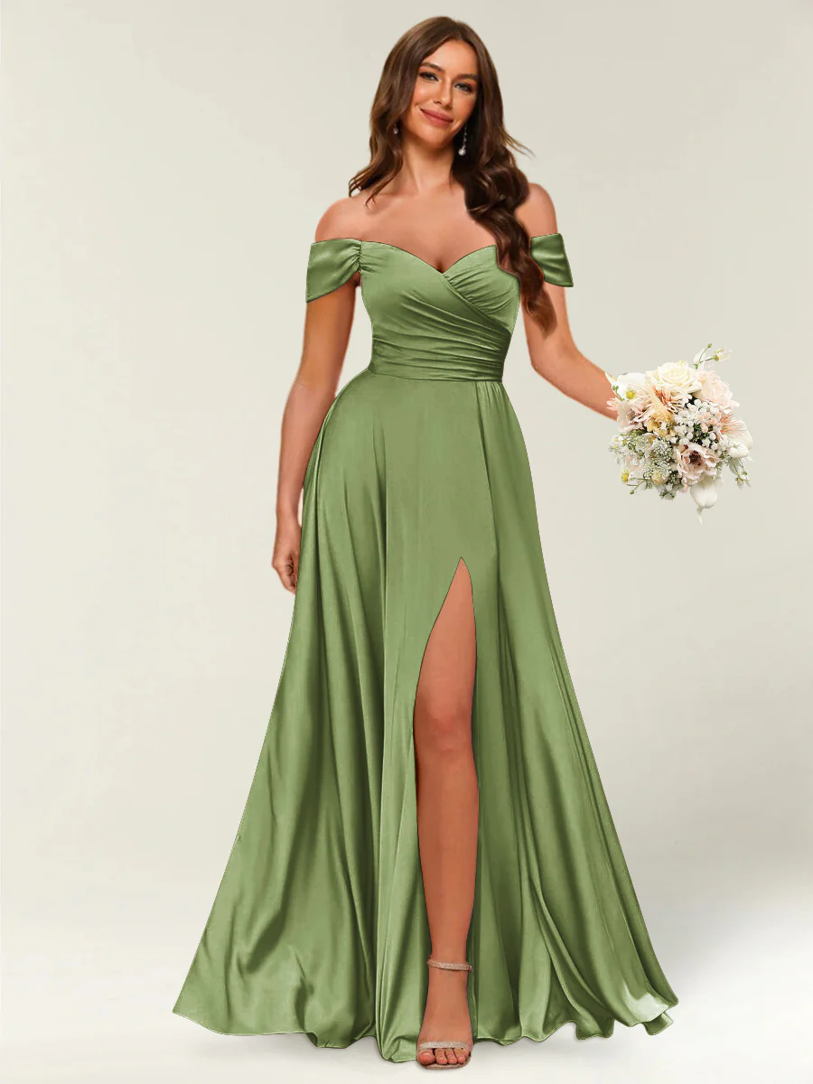 Floor-Length Off-the-Shoulder Long Formal Dresses with Split Side & Ruched - Image 41