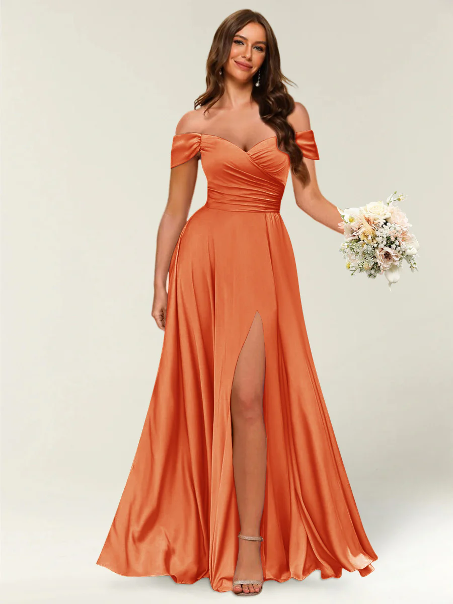 Floor-Length Off-the-Shoulder Long Formal Dresses with Split Side & Ruched - Image 42