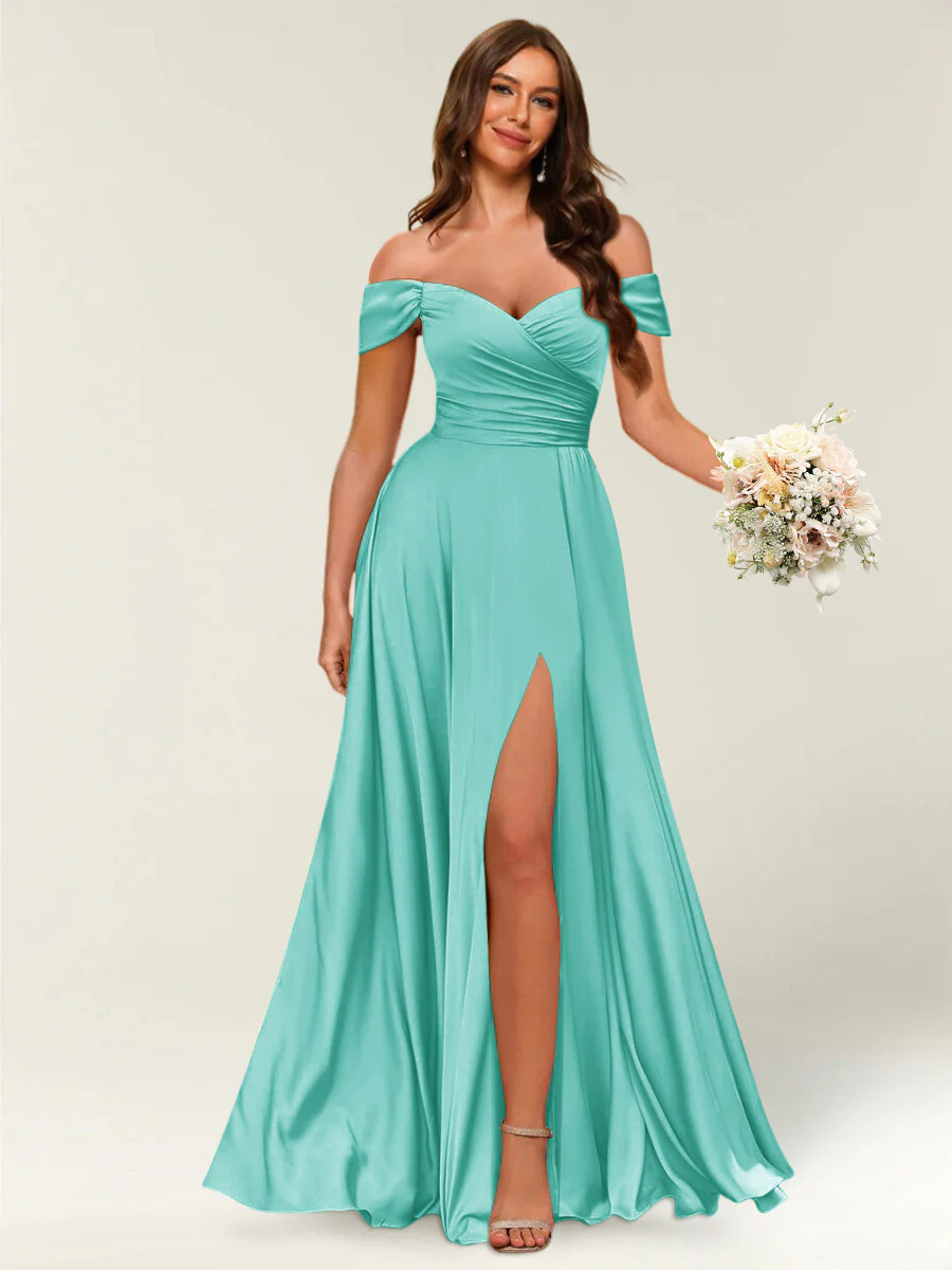 Floor-Length Off-the-Shoulder Long Formal Dresses with Split Side & Ruched - Image 60