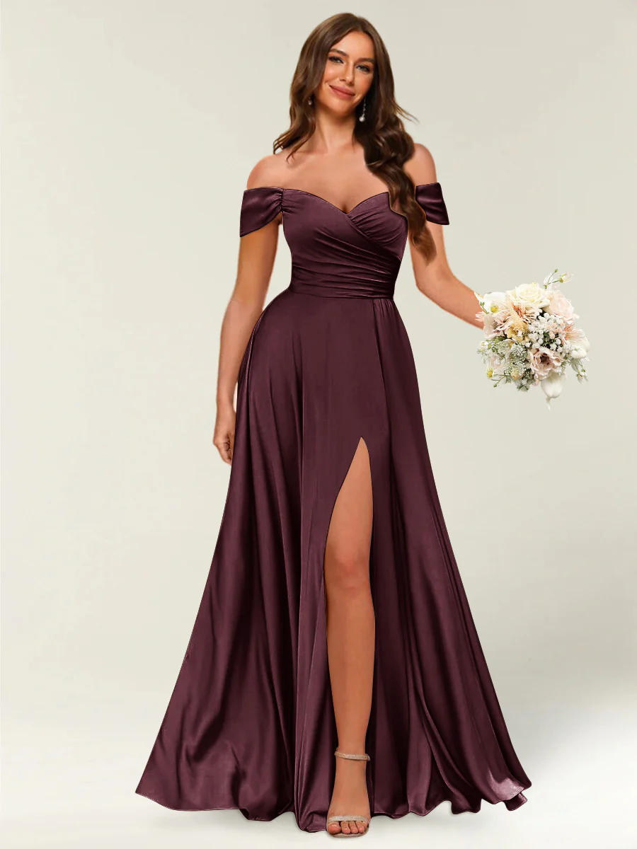 Floor-Length Off-the-Shoulder Long Formal Dresses with Split Side & Ruched - Image 7