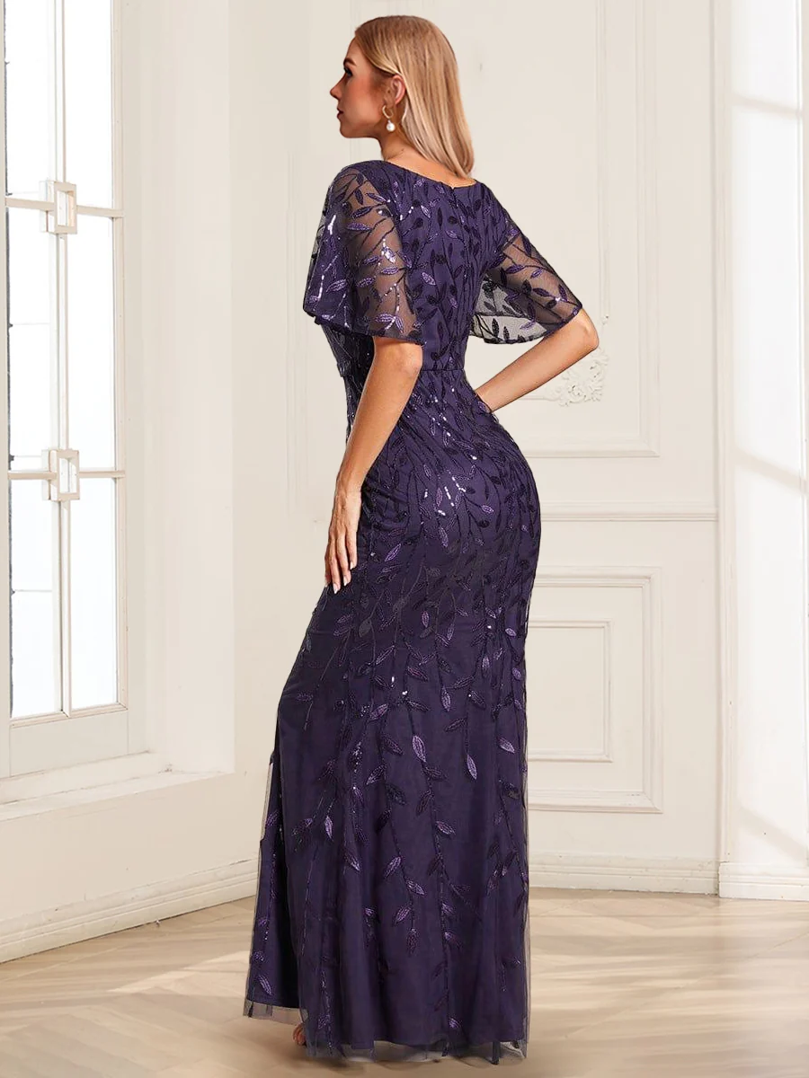 Gorgeous Trumpet/Mermaid V-Neck Short Ruffle Sleeves Floor-Length Mother of the Bride Dresses with Sequin Embroidery - Image 2