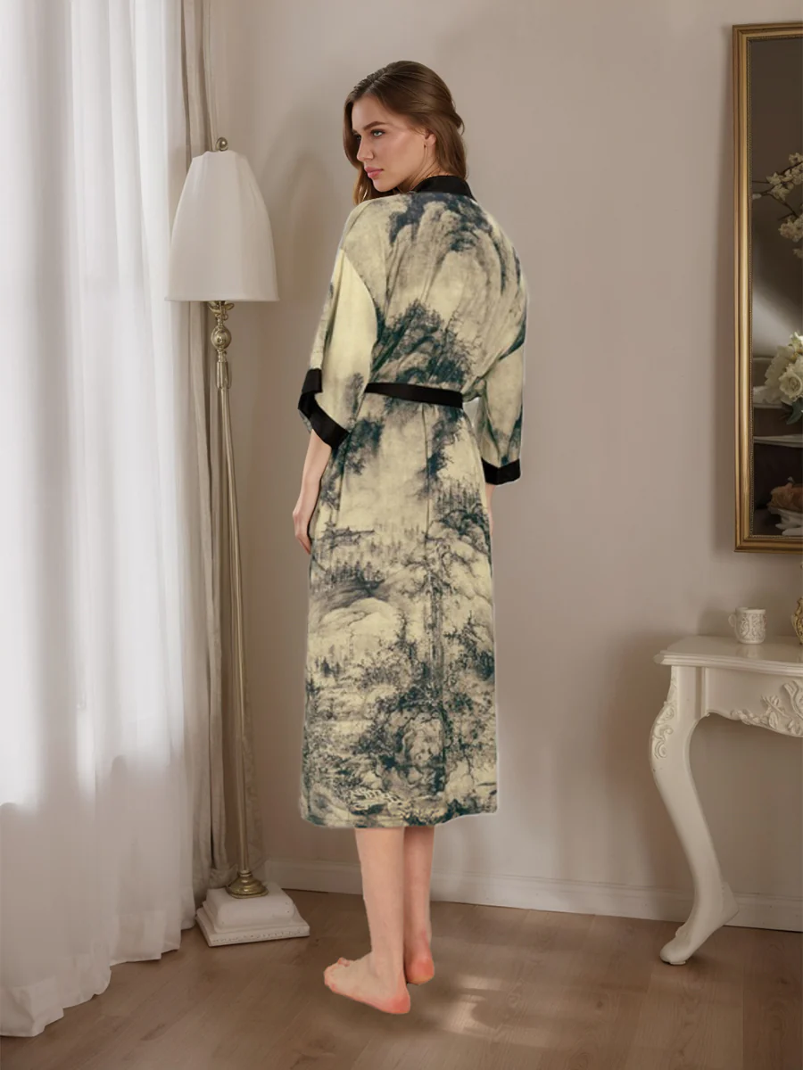 Hand Painted Ink Landscape 3/4 Sleeves Comfortable Women's Robes - Image 2