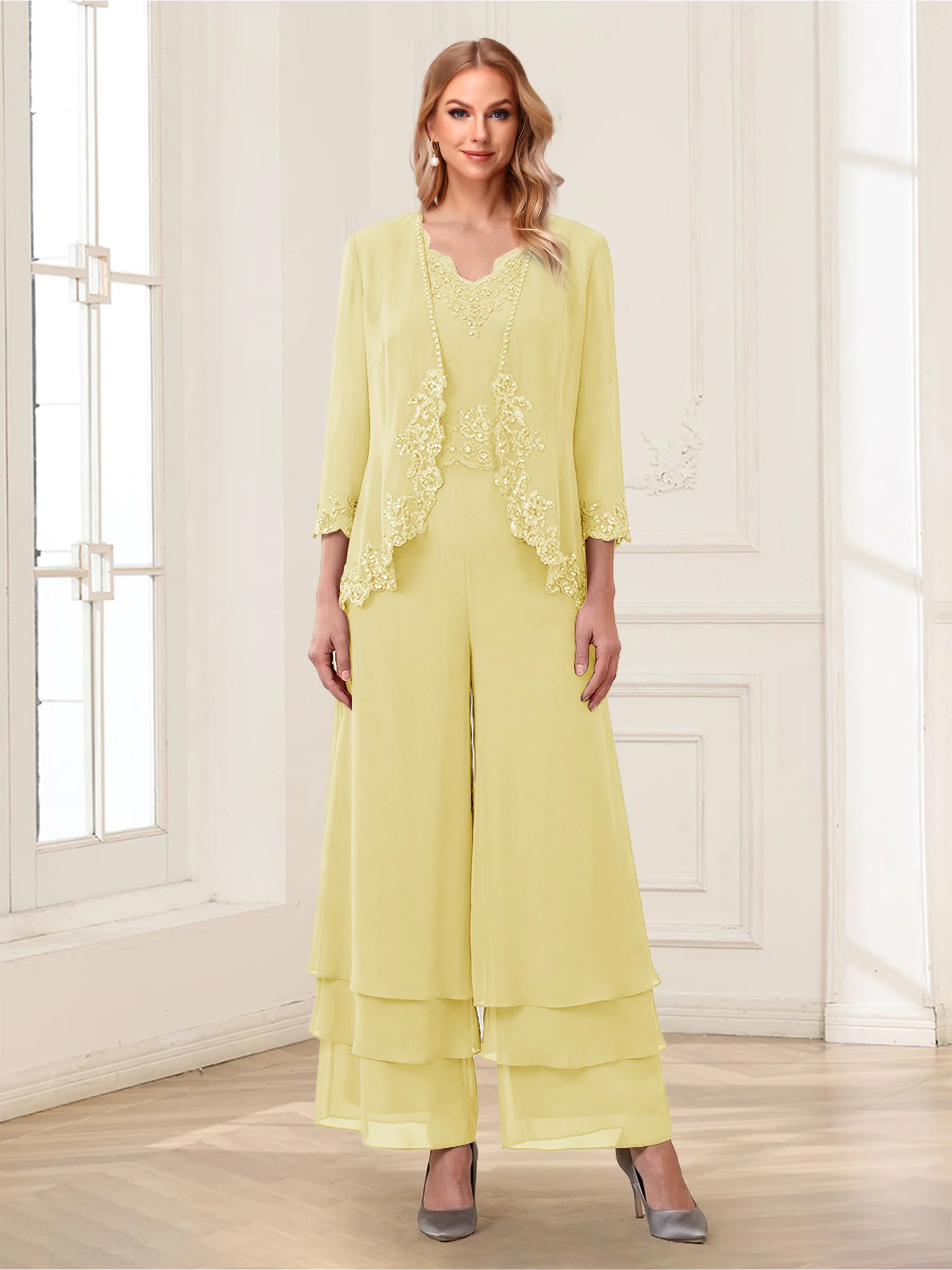 Jumpsuits V-Neck 3/4 Sleeves Ankle-Length Two Pieces Mother of the Bride Pantsuit with Lace - Image 10