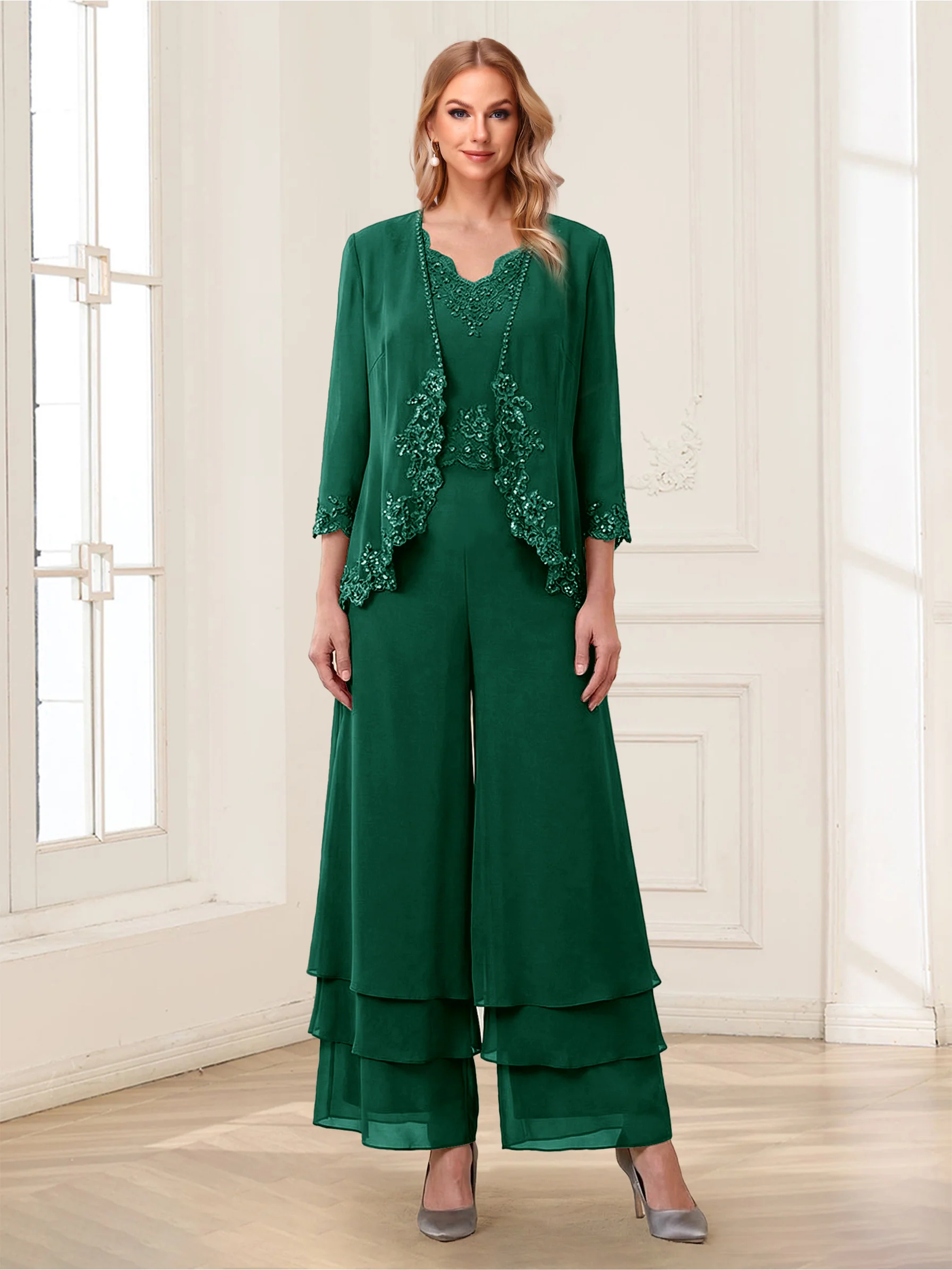 Jumpsuits V-Neck 3/4 Sleeves Ankle-Length Two Pieces Mother of the Bride Pantsuit with Lace - Image 13