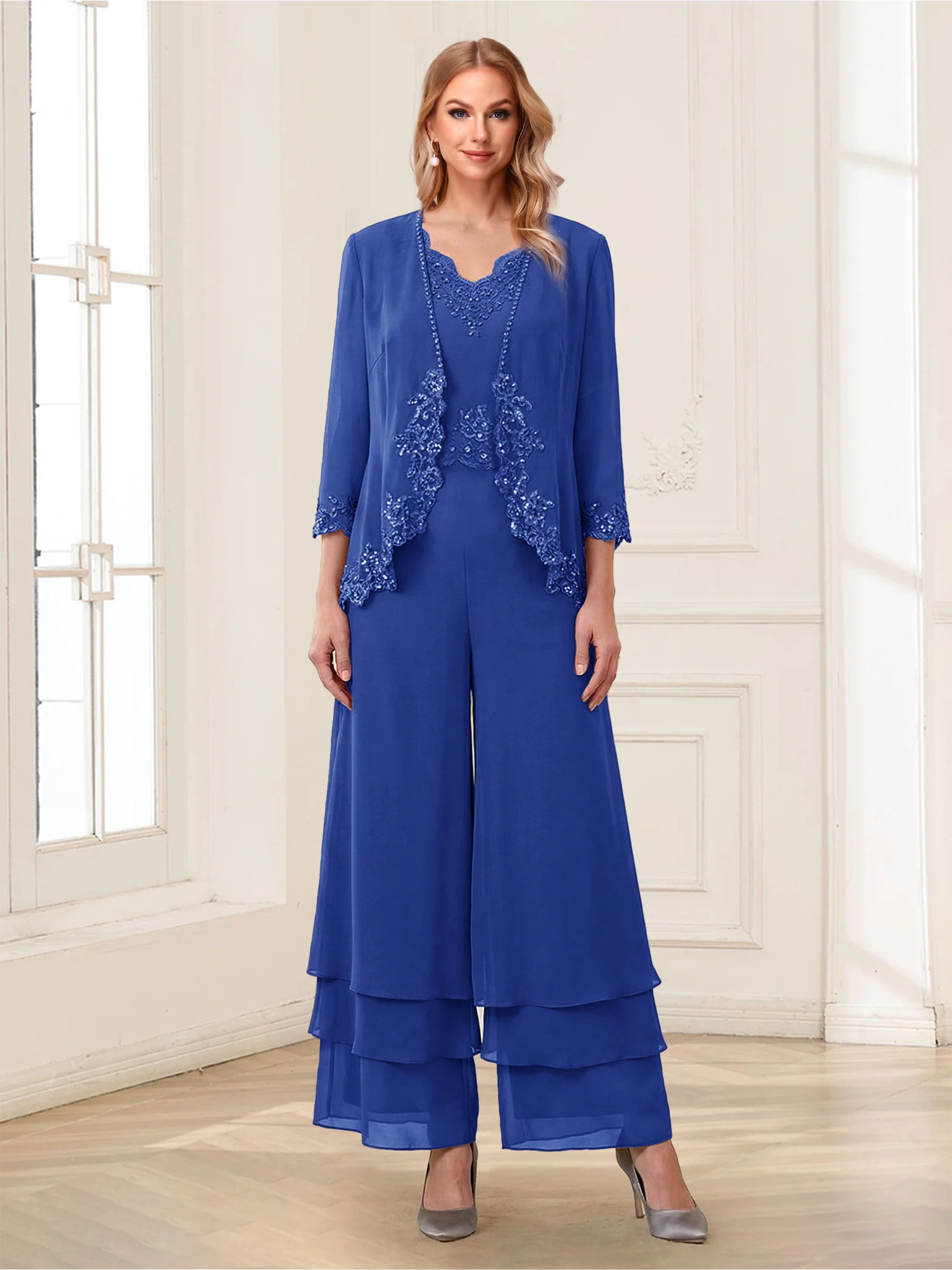 Jumpsuits V-Neck 3/4 Sleeves Ankle-Length Two Pieces Mother of the Bride Pantsuit with Lace - Image 36