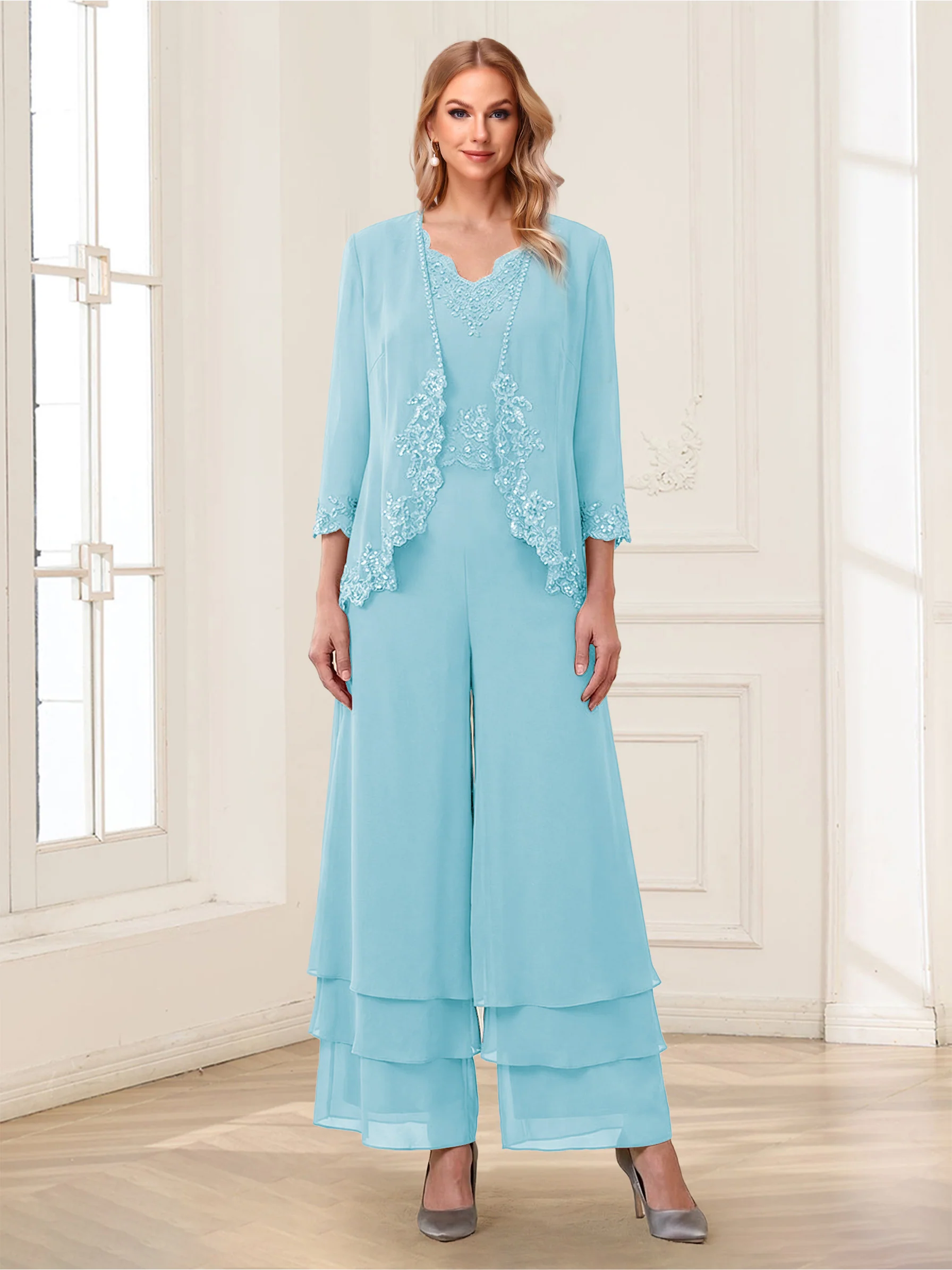 Jumpsuits V-Neck 3/4 Sleeves Ankle-Length Two Pieces Mother of the Bride Pantsuit with Lace - Image 37
