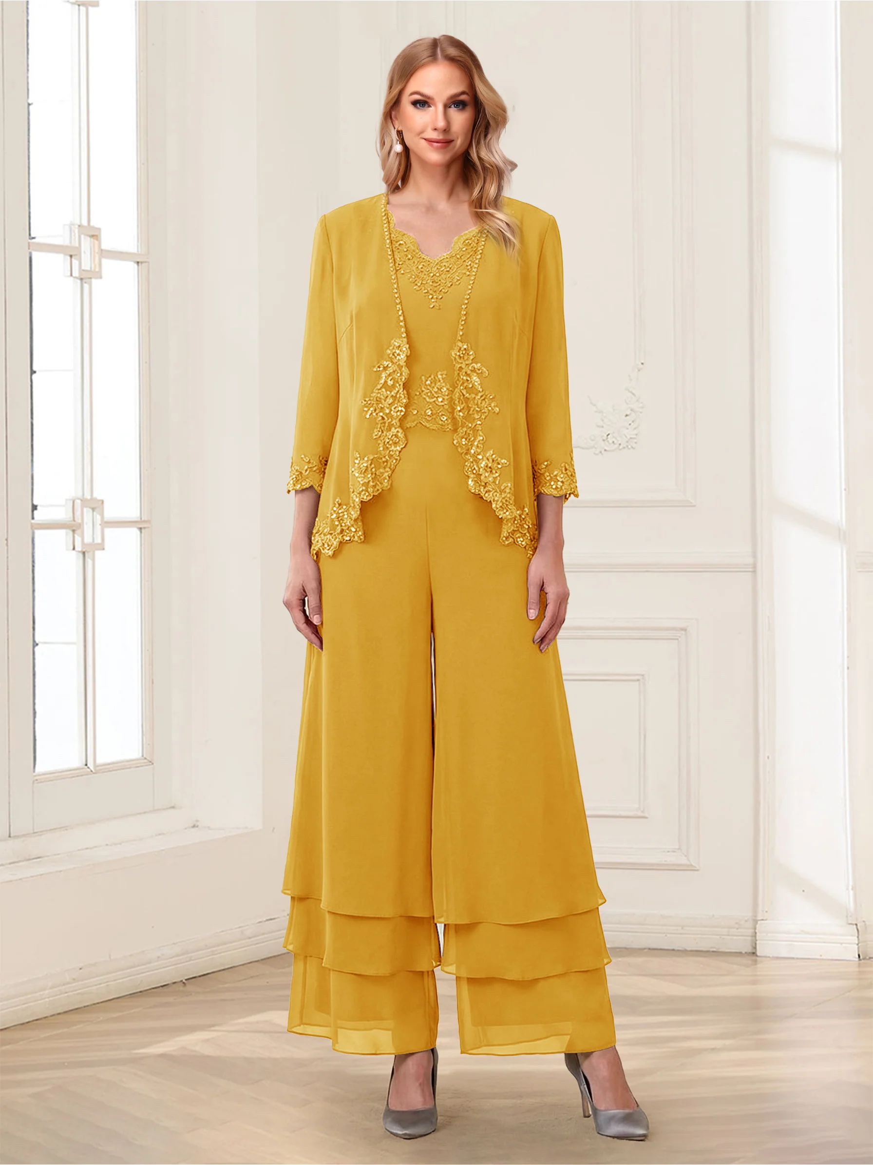 Jumpsuits V-Neck 3/4 Sleeves Ankle-Length Two Pieces Mother of the Bride Pantsuit with Lace - Image 43