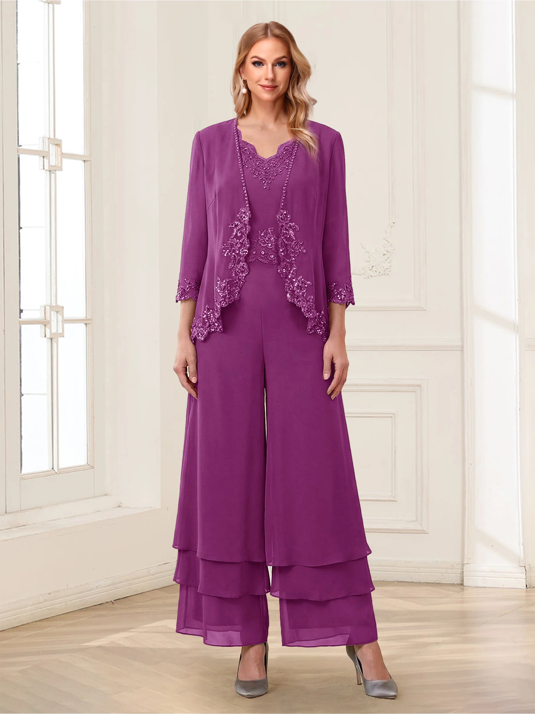 Jumpsuits V-Neck 3/4 Sleeves Ankle-Length Two Pieces Mother of the Bride Pantsuit with Lace - Image 49