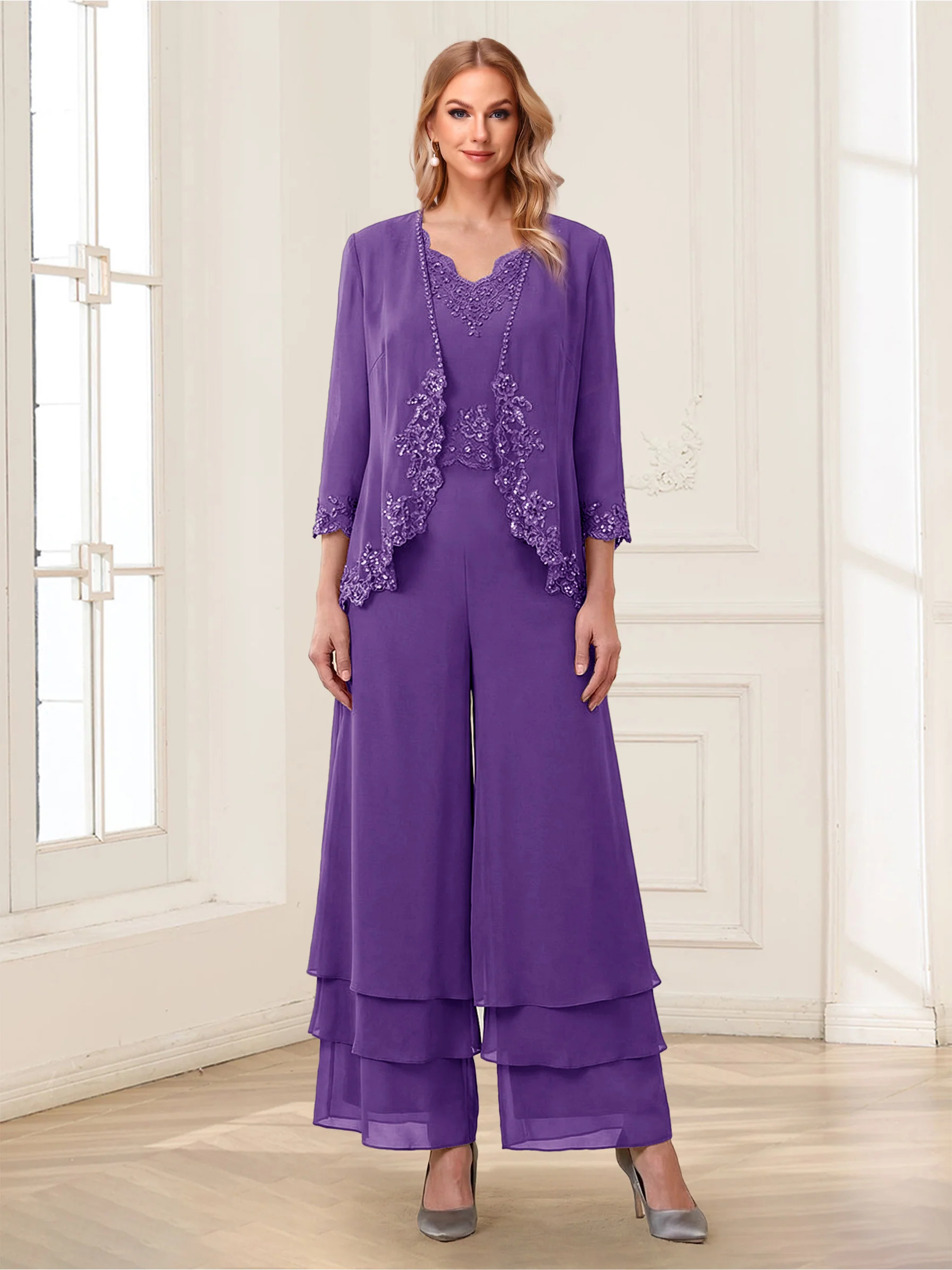 Jumpsuits V-Neck 3/4 Sleeves Ankle-Length Two Pieces Mother of the Bride Pantsuit with Lace - Image 55