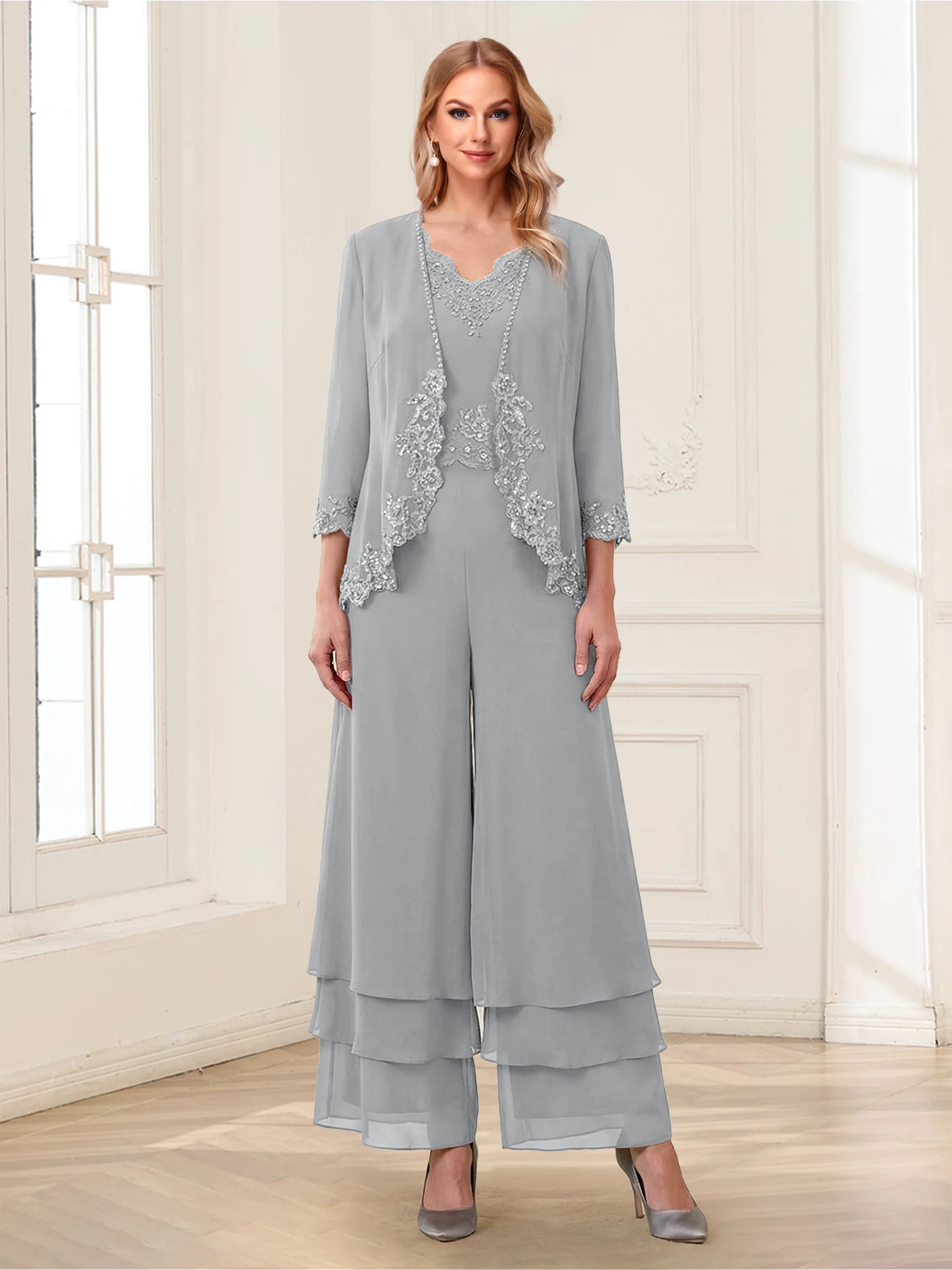Jumpsuits V-Neck 3/4 Sleeves Ankle-Length Two Pieces Mother of the Bride Pantsuit with Lace - Image 61