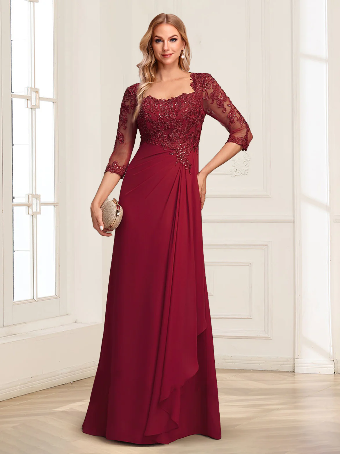Lace Chiffon A-Line/Princess Square Neck Floor-Length Mother Of The Bride Dresses With Cascading Ruffles & Sequins