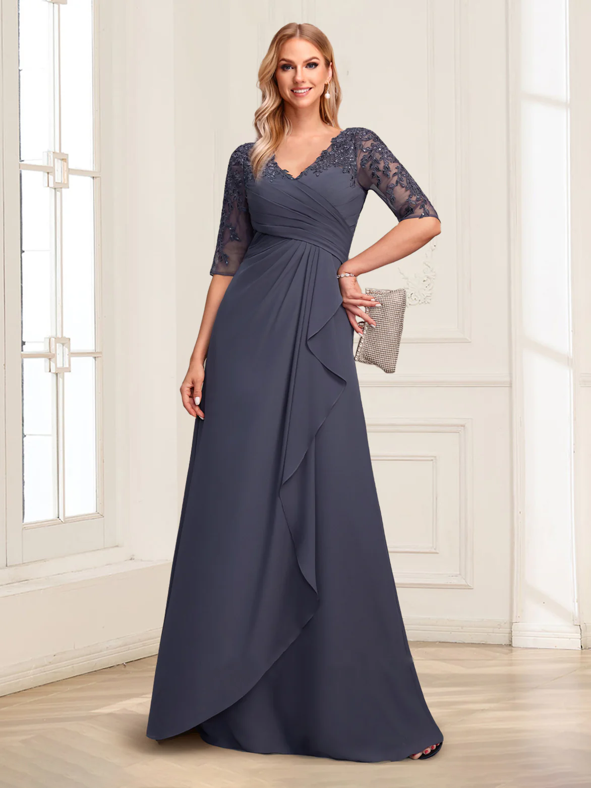 Lace Chiffon A-Line/Princess V-Neck Floor-Length Mother Of The Bride Dresses With Ruffles
