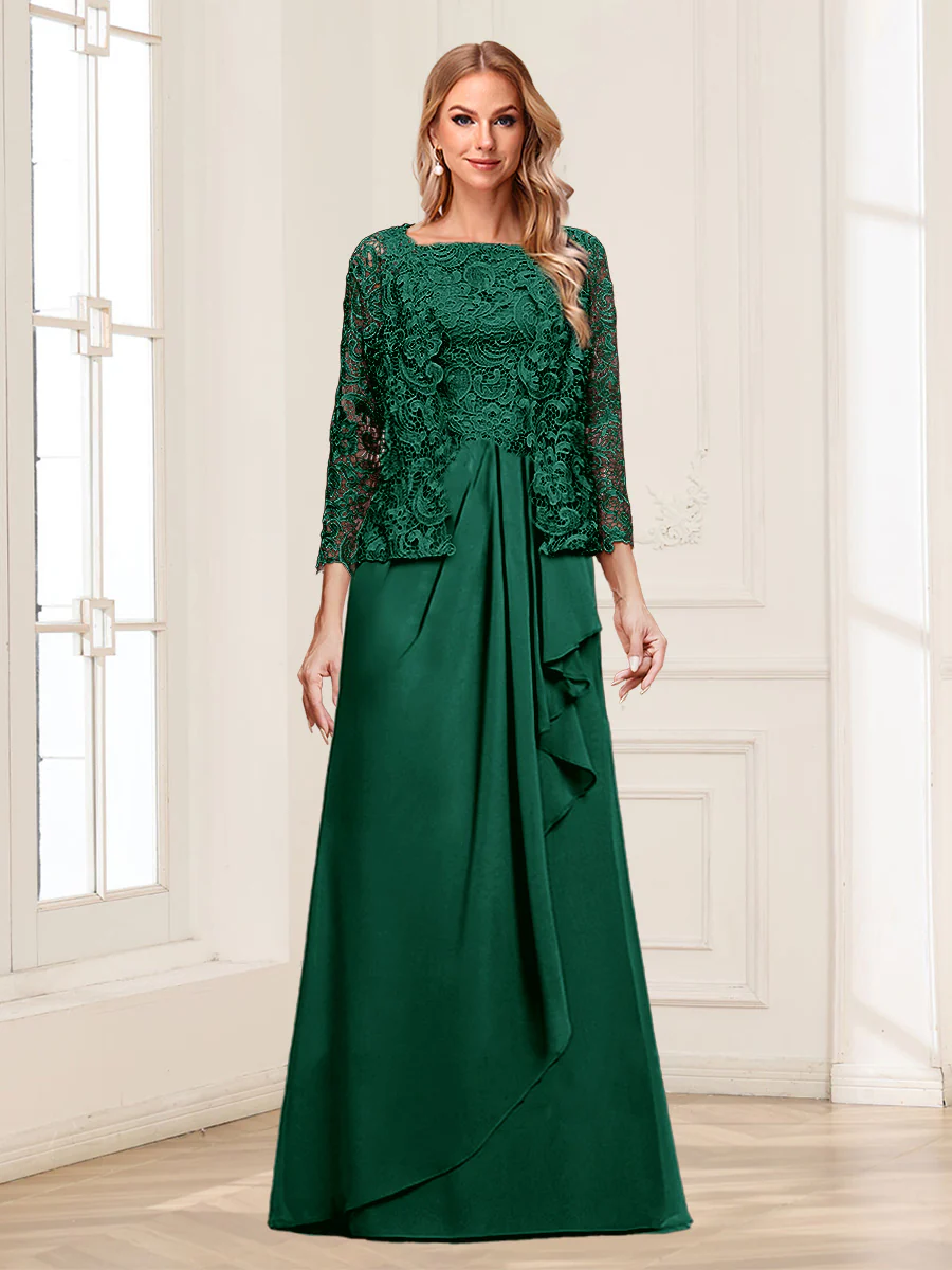 Lace Chiffon Square Neck 3/4 Sleeves 2 Pieces Mother of the Bride Dresses with Appliques & Jacket - Image 12
