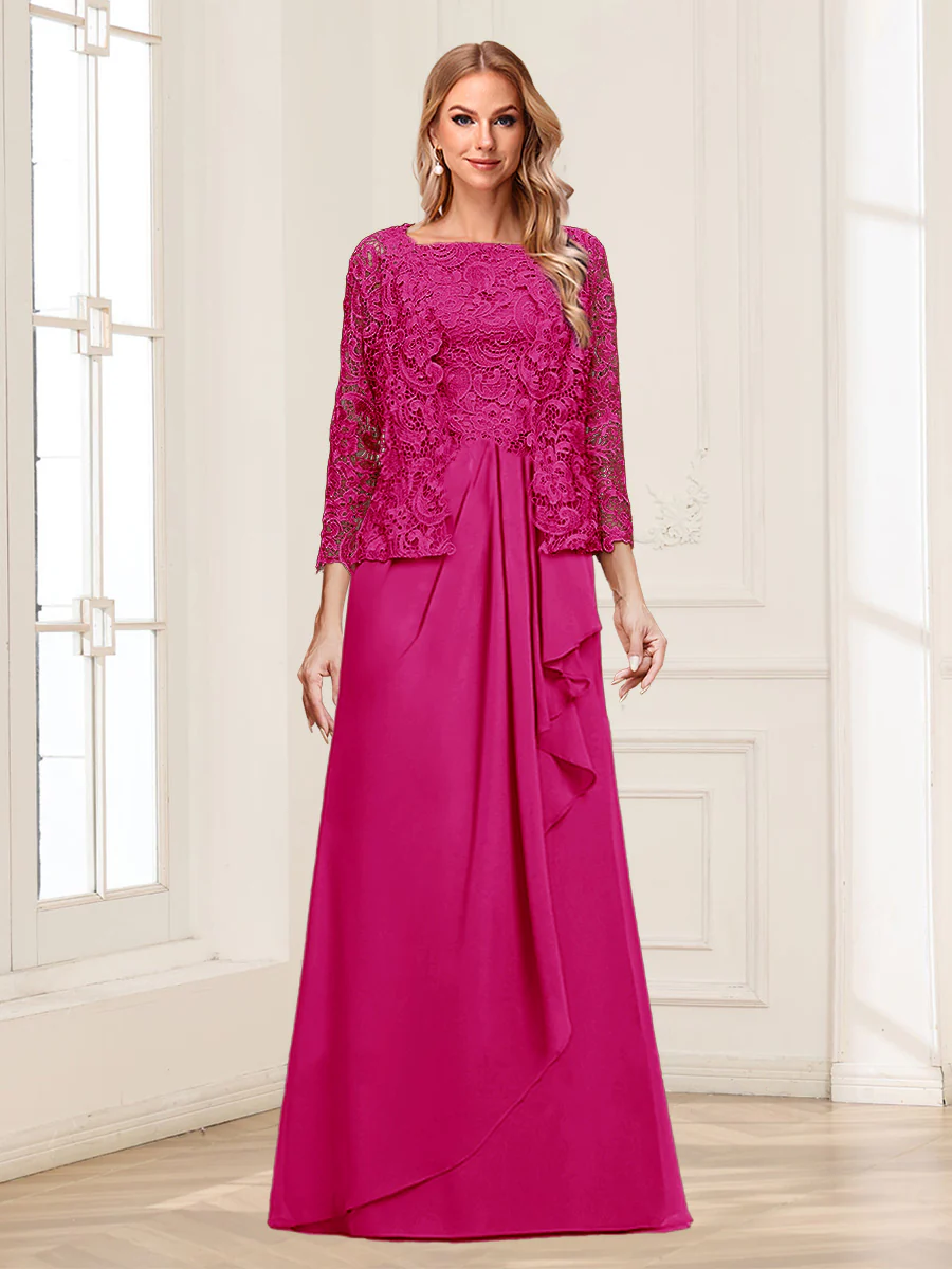 Lace Chiffon Square Neck 3/4 Sleeves 2 Pieces Mother of the Bride Dresses with Appliques & Jacket - Image 21