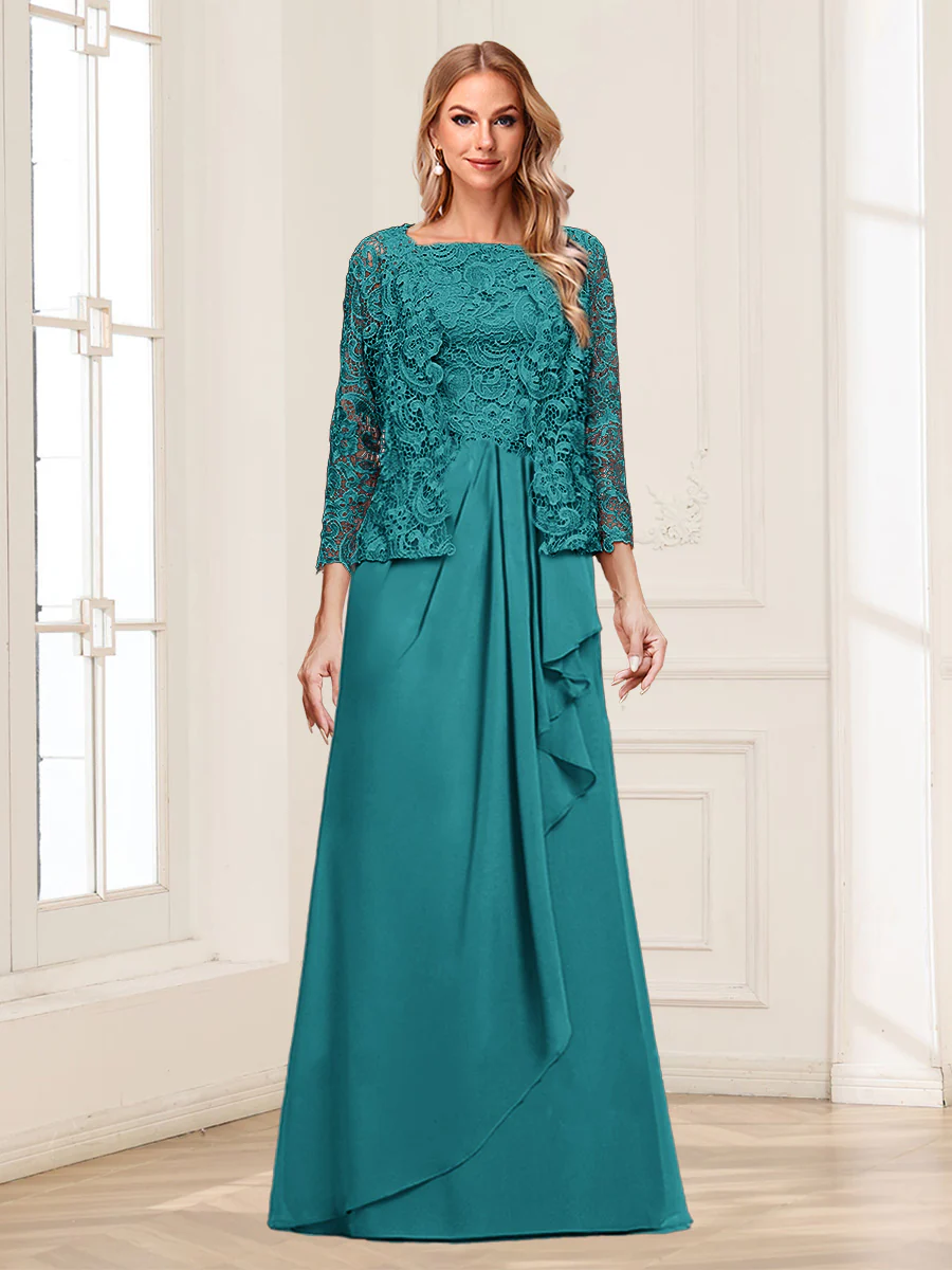 Lace Chiffon Square Neck 3/4 Sleeves 2 Pieces Mother of the Bride Dresses with Appliques & Jacket - Image 3