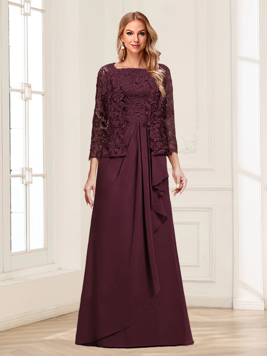Lace Chiffon Square Neck 3/4 Sleeves 2 Pieces Mother of the Bride Dresses with Appliques & Jacket - Image 7