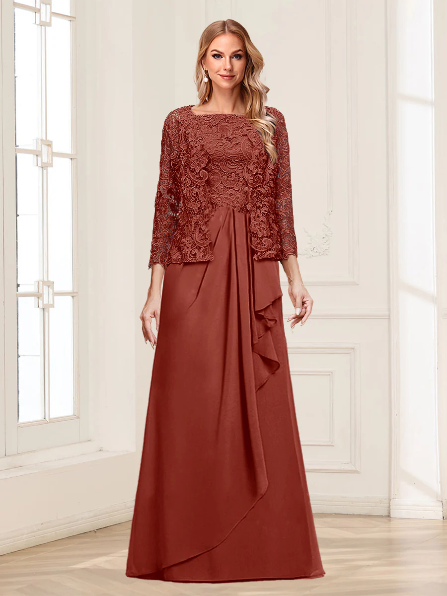 Lace Chiffon Square Neck 3/4 Sleeves 2 Pieces Mother of the Bride Dresses with Appliques & Jacket - Image 70