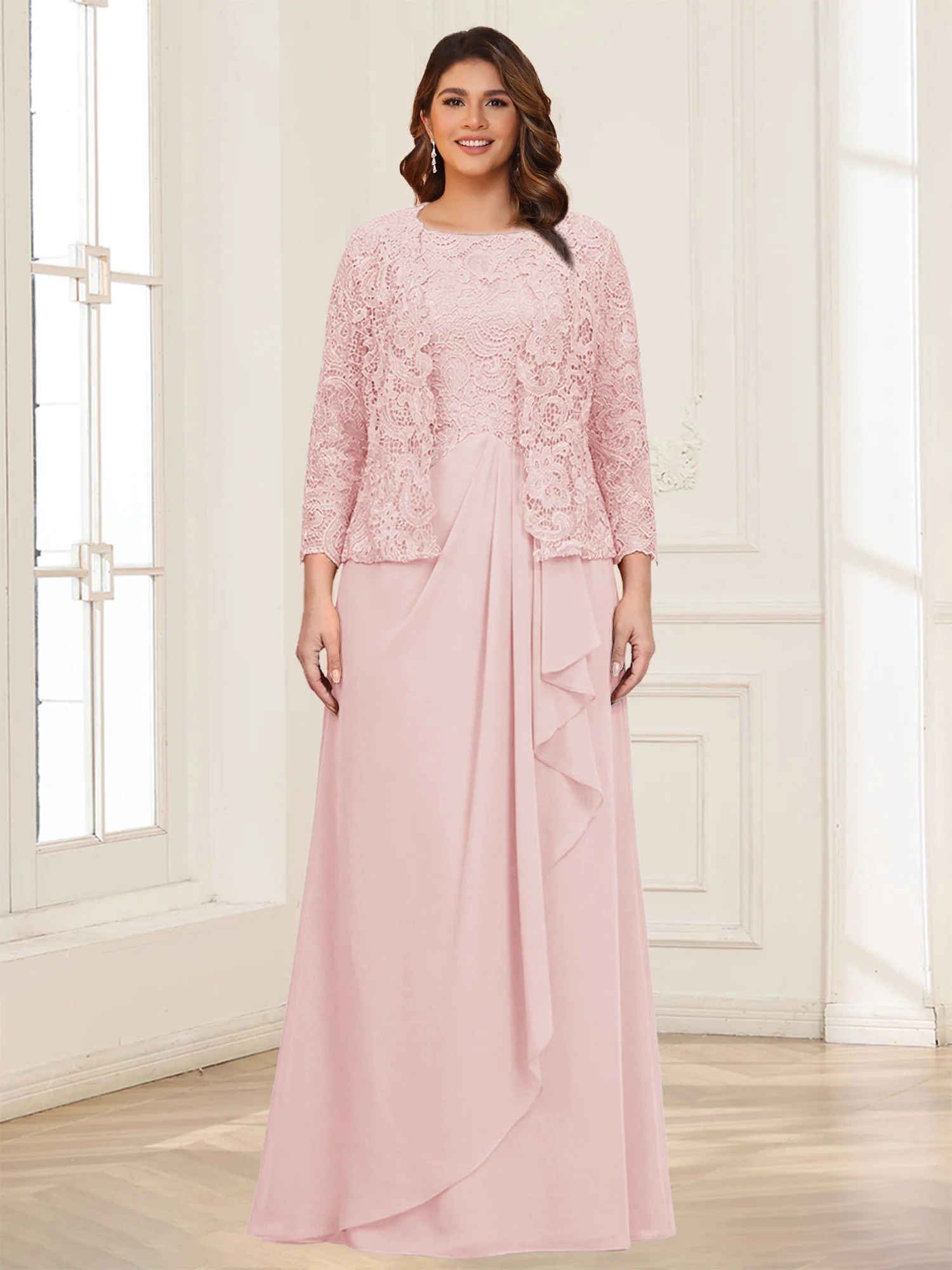 Lace Chiffon Square Neck 3/4 Sleeves 2 Pieces Plus Size Mother of the Bride Dresses with Appliques & Jacket - Image 10
