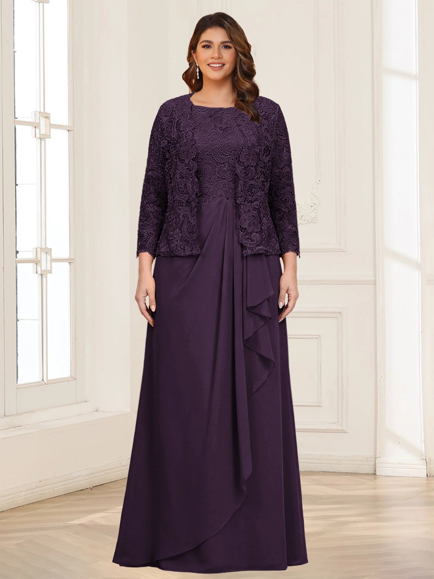 Lace Chiffon Square Neck 3/4 Sleeves 2 Pieces Plus Size Mother of the Bride Dresses with Appliques & Jacket - Image 14