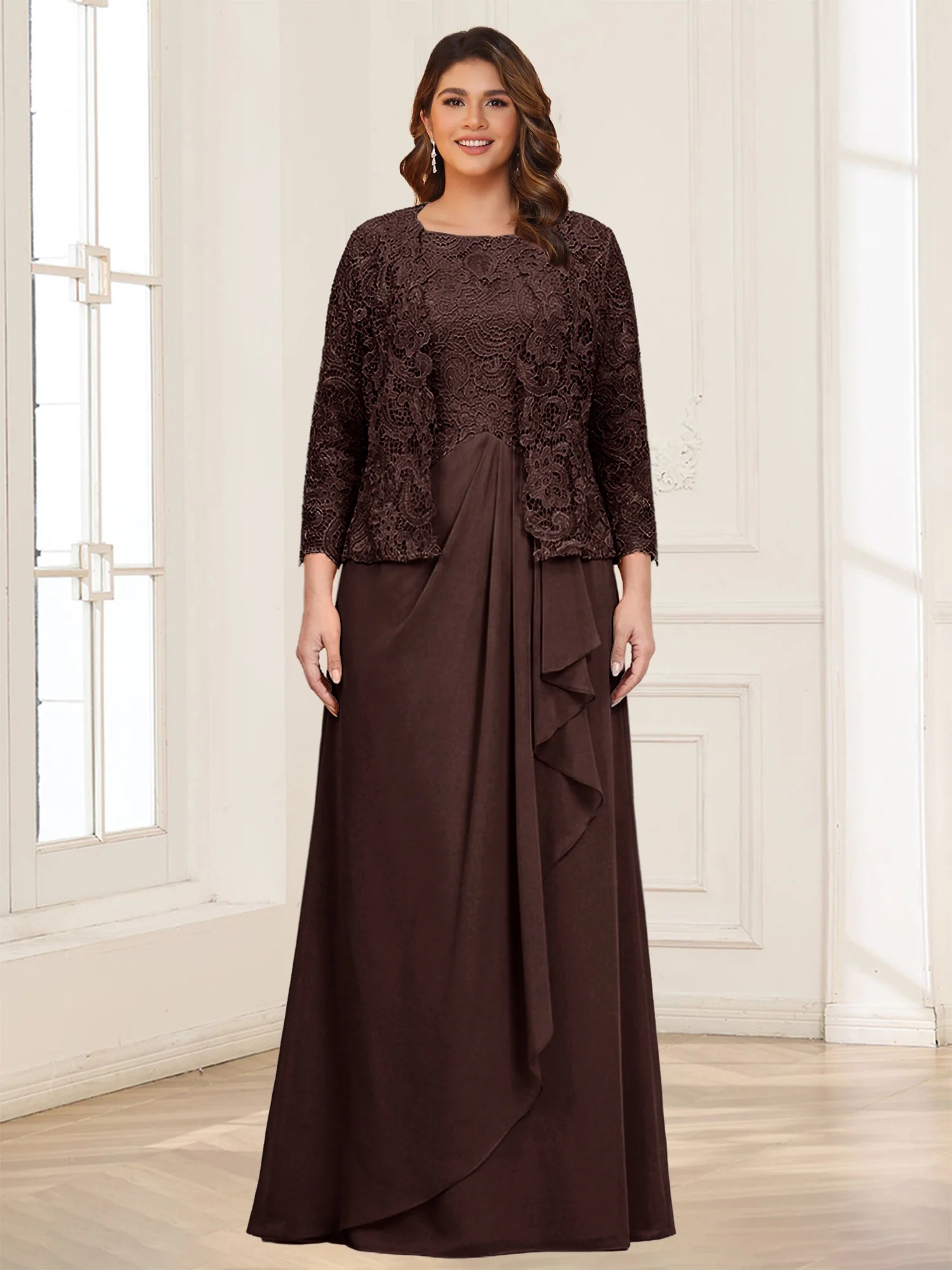 Lace Chiffon Square Neck 3/4 Sleeves 2 Pieces Plus Size Mother of the Bride Dresses with Appliques & Jacket - Image 19