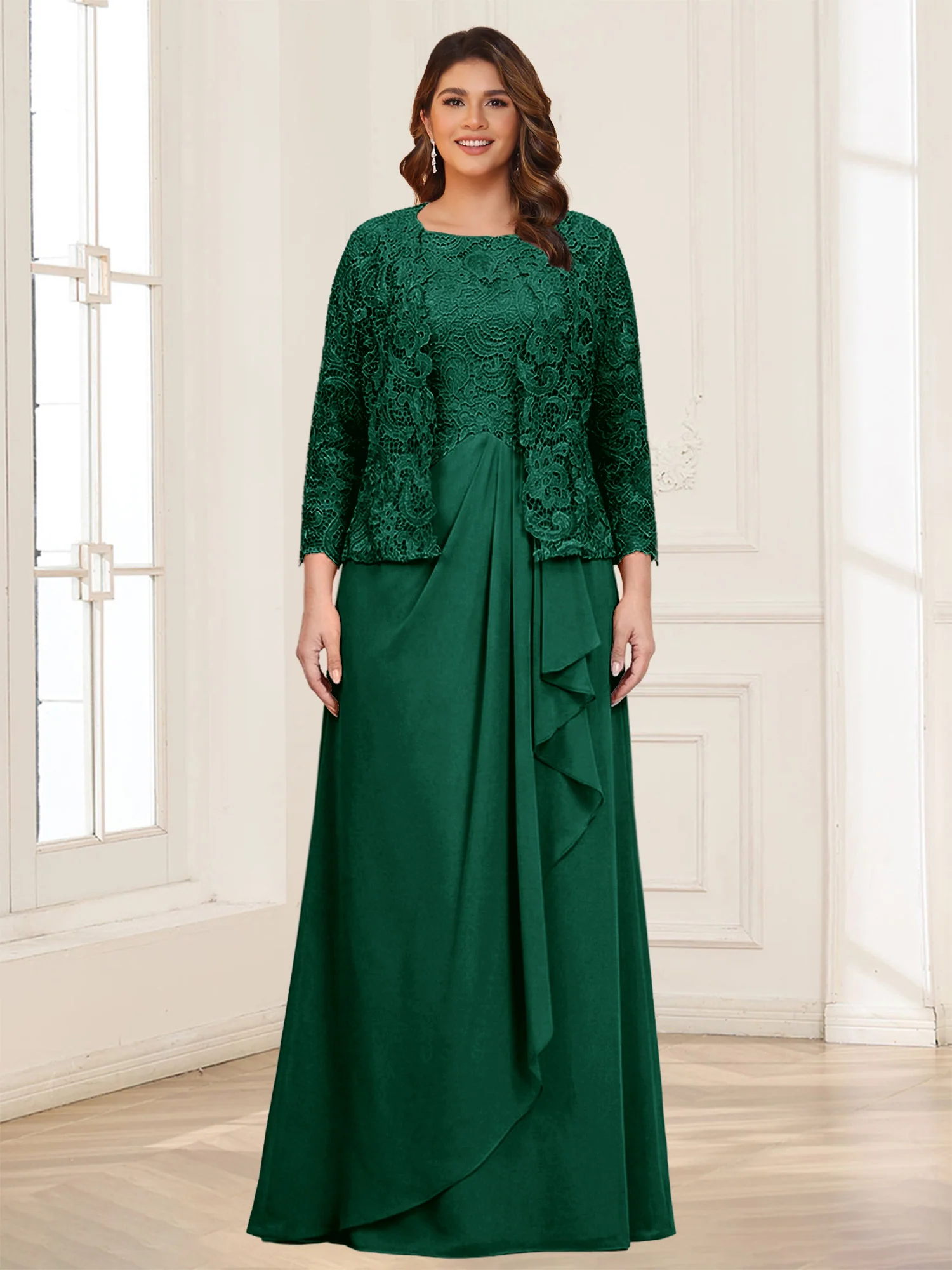 Lace Chiffon Square Neck 3/4 Sleeves 2 Pieces Plus Size Mother of the Bride Dresses with Appliques & Jacket - Image 25