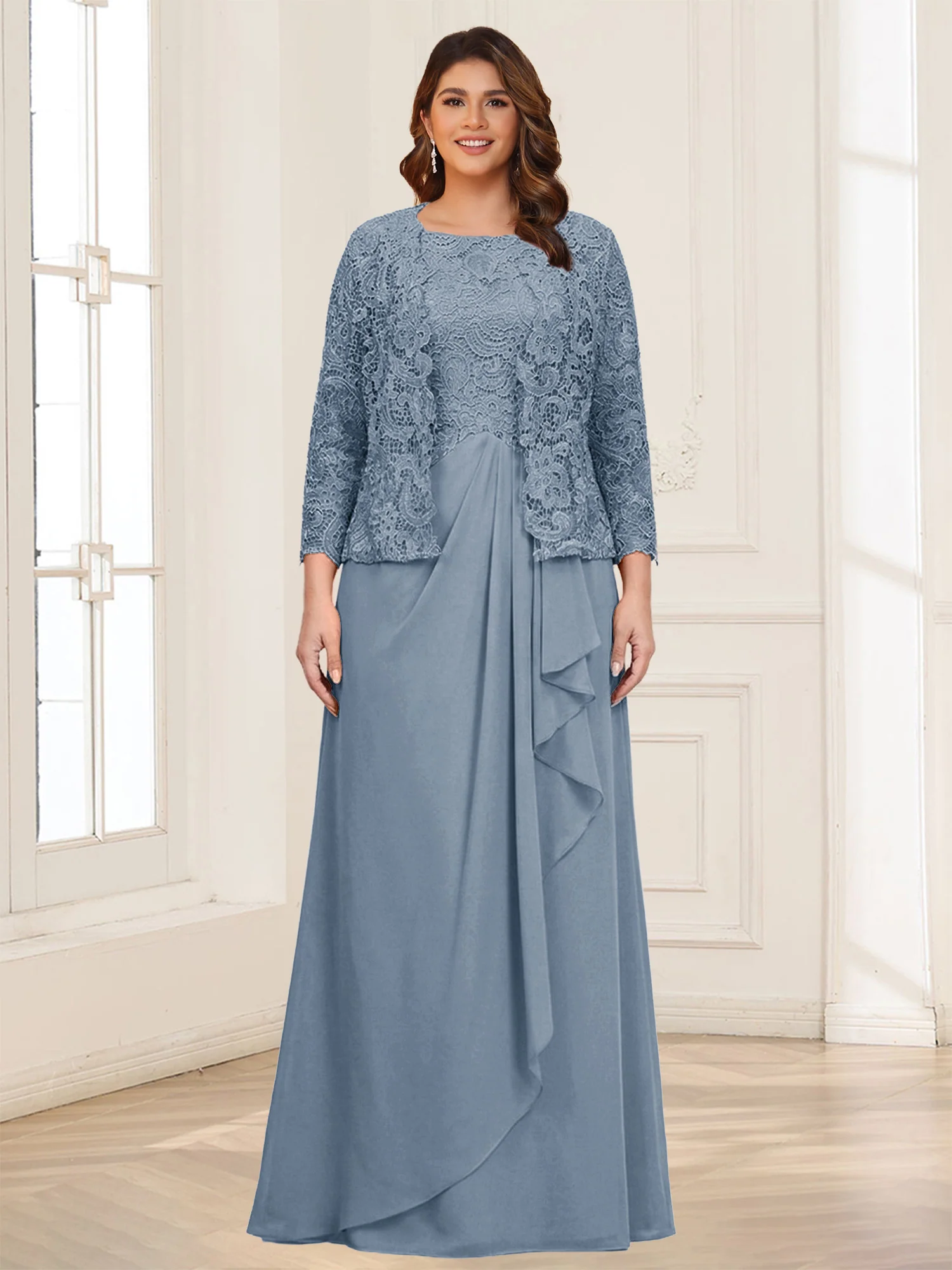 Lace Chiffon Square Neck 3/4 Sleeves 2 Pieces Plus Size Mother of the Bride Dresses with Appliques & Jacket - Image 26
