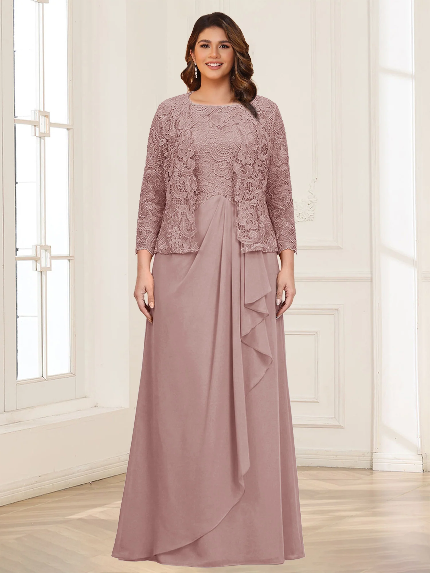 Lace Chiffon Square Neck 3/4 Sleeves 2 Pieces Plus Size Mother of the Bride Dresses with Appliques & Jacket - Image 27