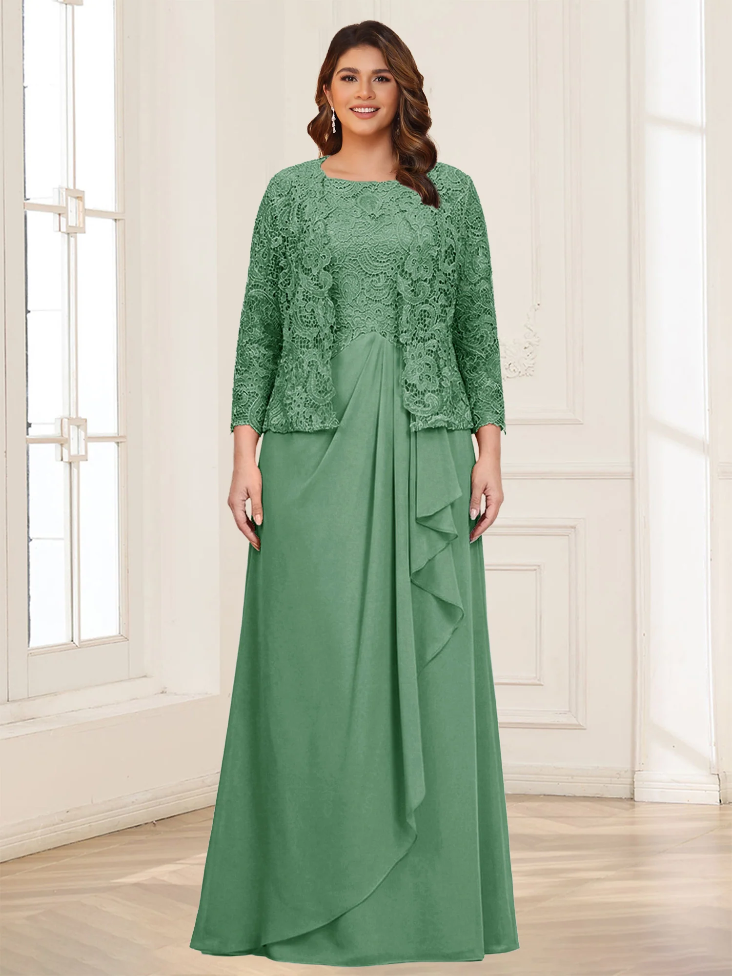 Lace Chiffon Square Neck 3/4 Sleeves 2 Pieces Plus Size Mother of the Bride Dresses with Appliques & Jacket - Image 32