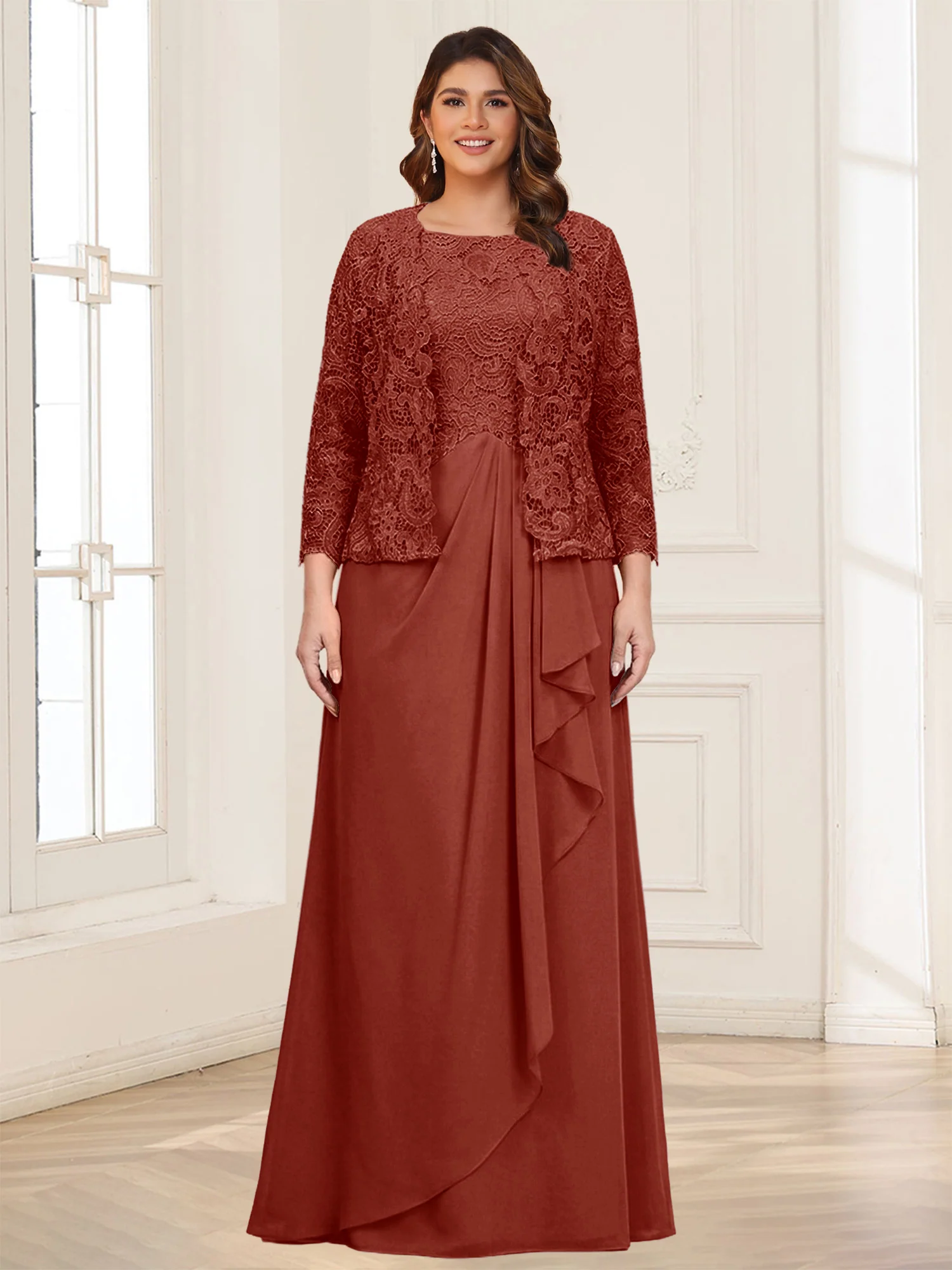 Lace Chiffon Square Neck 3/4 Sleeves 2 Pieces Plus Size Mother of the Bride Dresses with Appliques & Jacket - Image 60