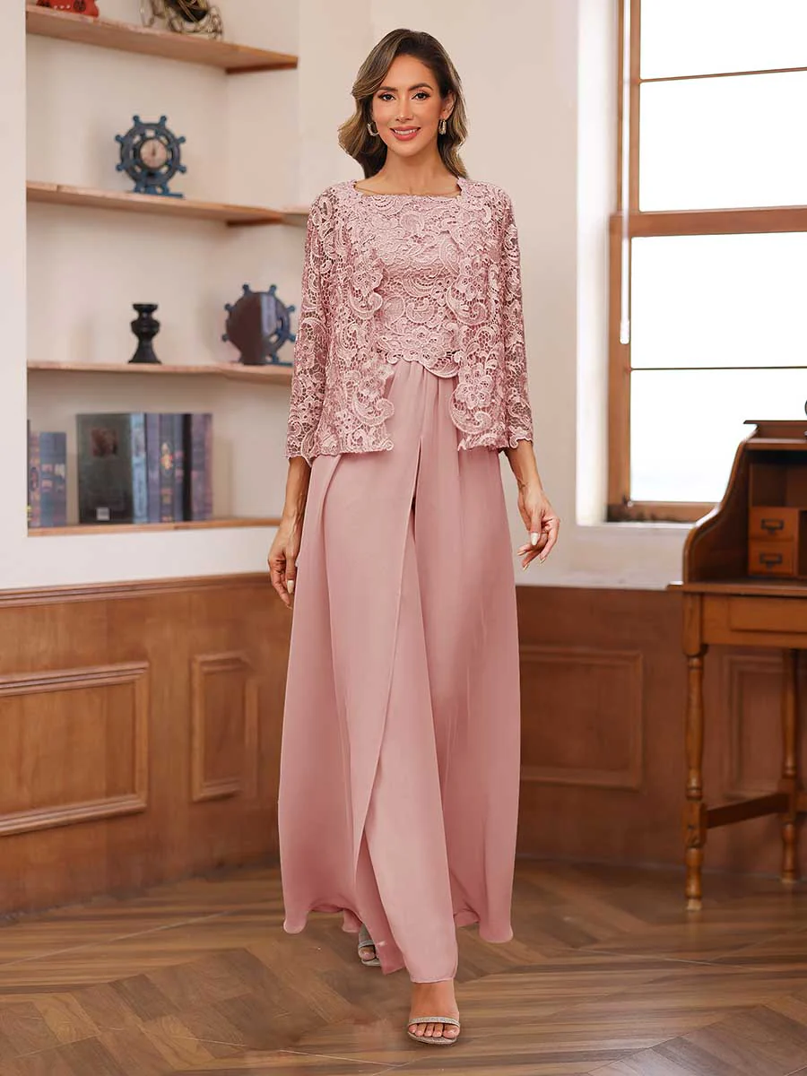 Lace Chiffon Square Neck 3/4 Sleeves 3 Pieces Pantsuits with Appliques & Jacket - Image 10