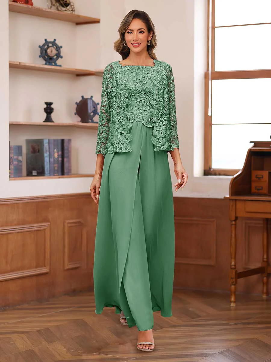 Lace Chiffon Square Neck 3/4 Sleeves 3 Pieces Pantsuits with Appliques & Jacket - Image 20