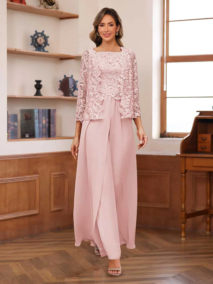 Lace Chiffon Square Neck 3/4 Sleeves 3 Pieces Pantsuits with Appliques & Jacket - Image 28