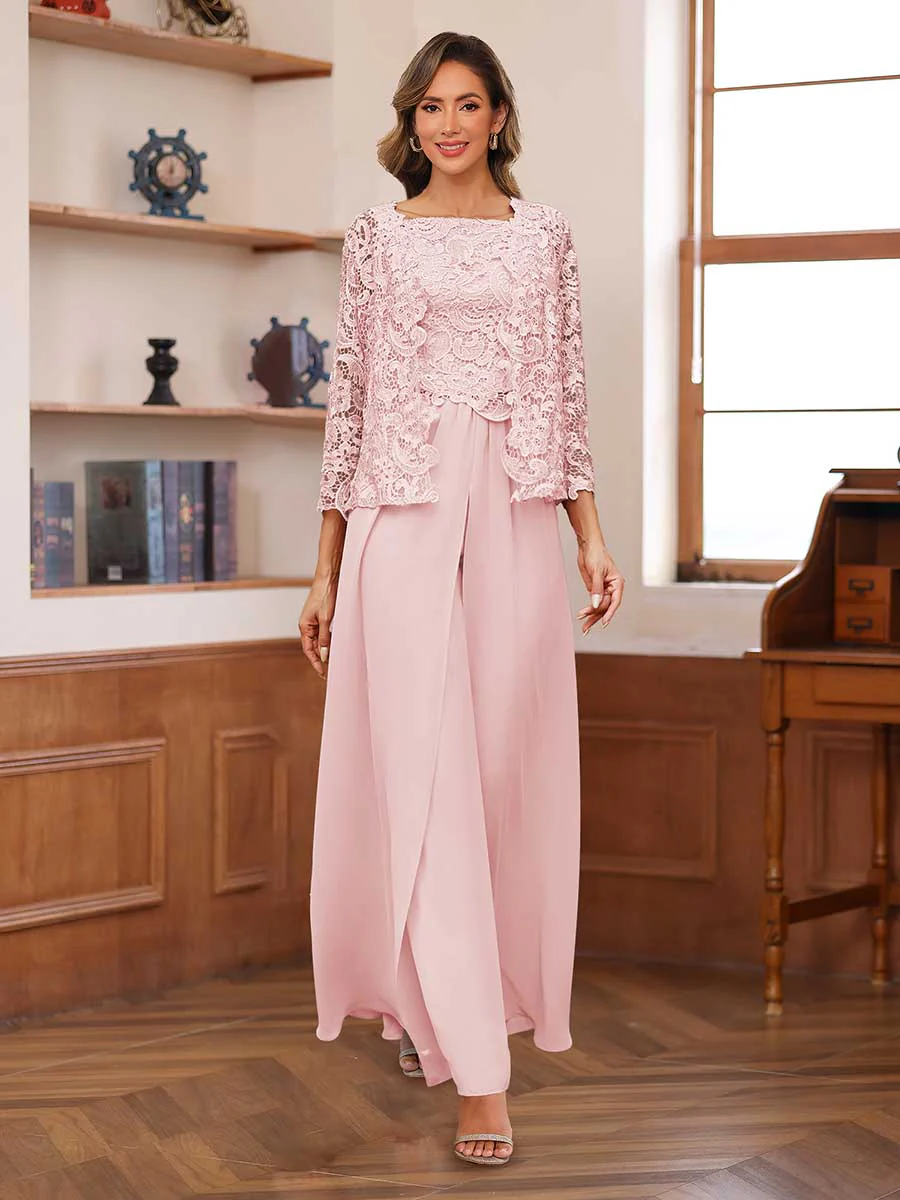 Lace Chiffon Square Neck 3/4 Sleeves 3 Pieces Pantsuits with Appliques & Jacket - Image 29