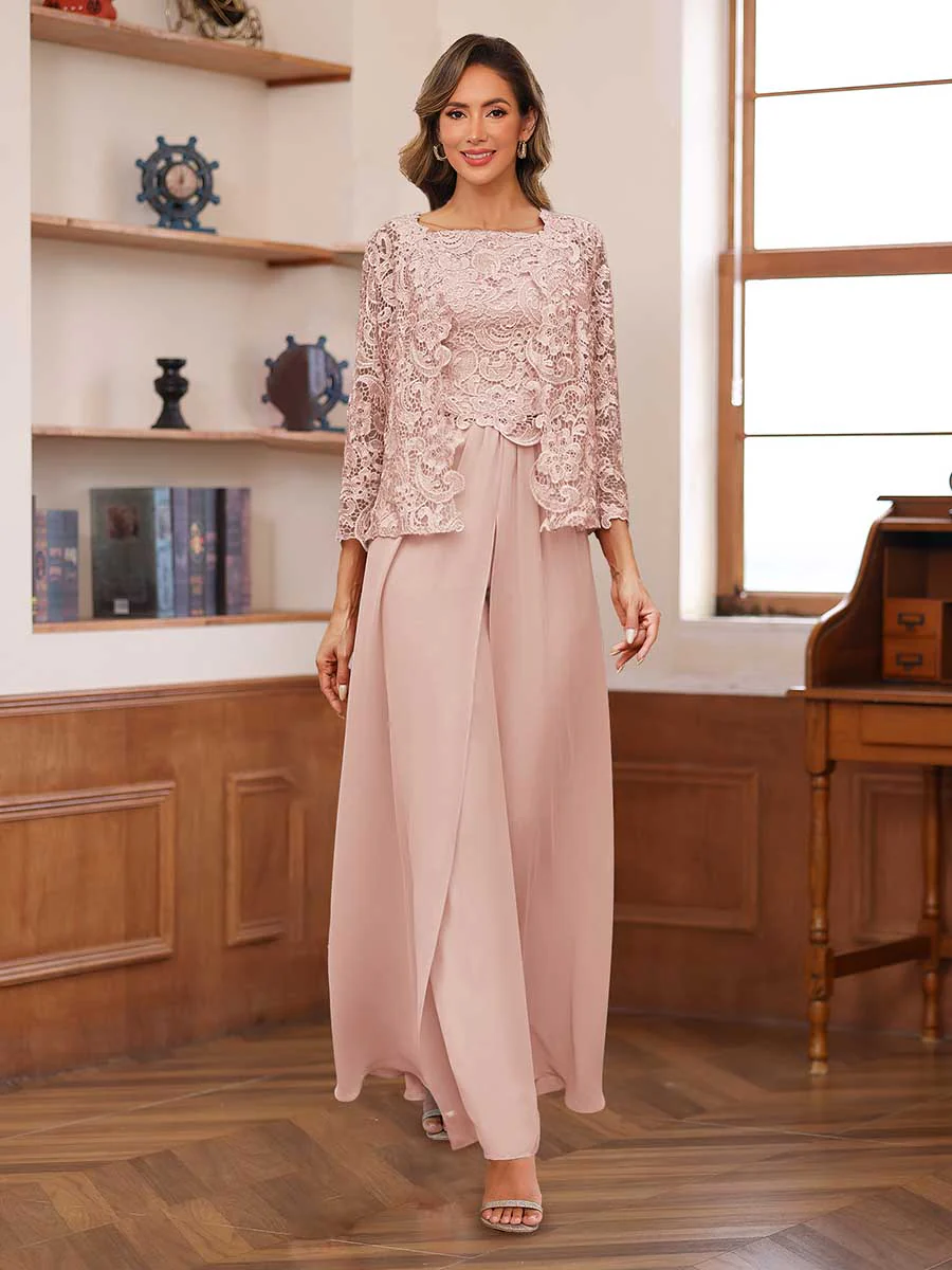 Lace Chiffon Square Neck 3/4 Sleeves 3 Pieces Pantsuits with Appliques & Jacket - Image 30
