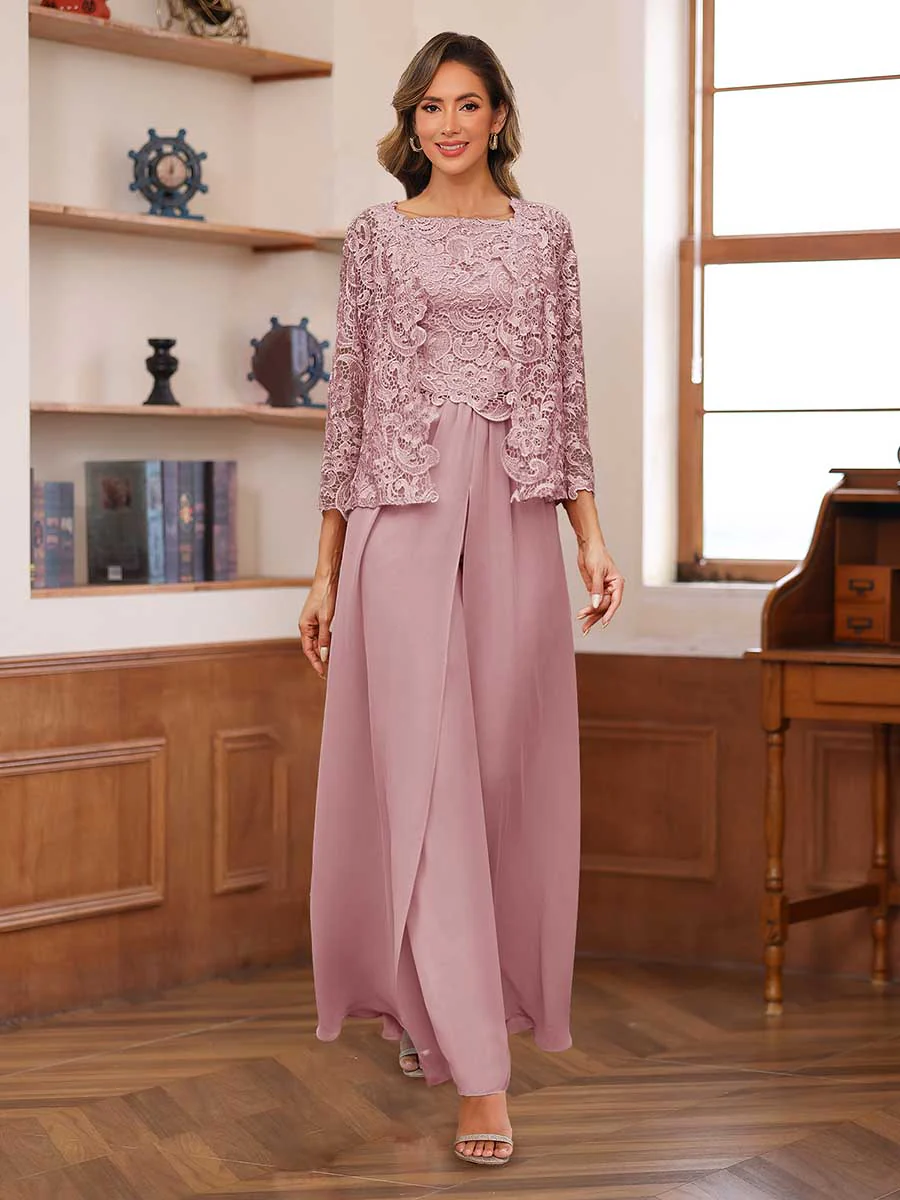 Lace Chiffon Square Neck 3/4 Sleeves 3 Pieces Pantsuits with Appliques & Jacket - Image 33