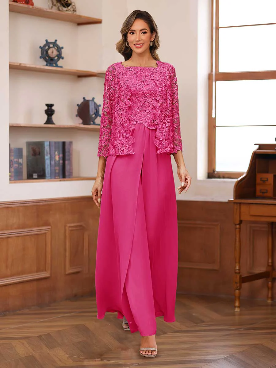Lace Chiffon Square Neck 3/4 Sleeves 3 Pieces Pantsuits with Appliques & Jacket - Image 35