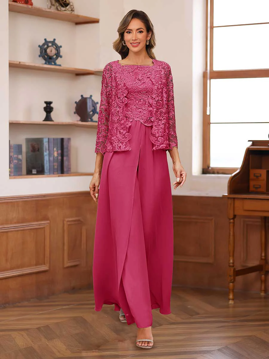Lace Chiffon Square Neck 3/4 Sleeves 3 Pieces Pantsuits with Appliques & Jacket - Image 37