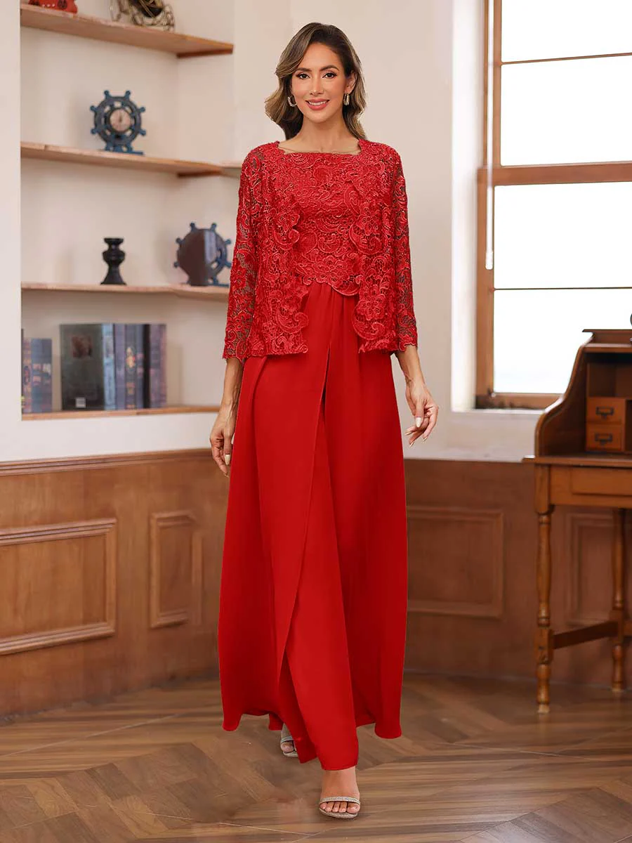 Lace Chiffon Square Neck 3/4 Sleeves 3 Pieces Pantsuits with Appliques & Jacket - Image 38